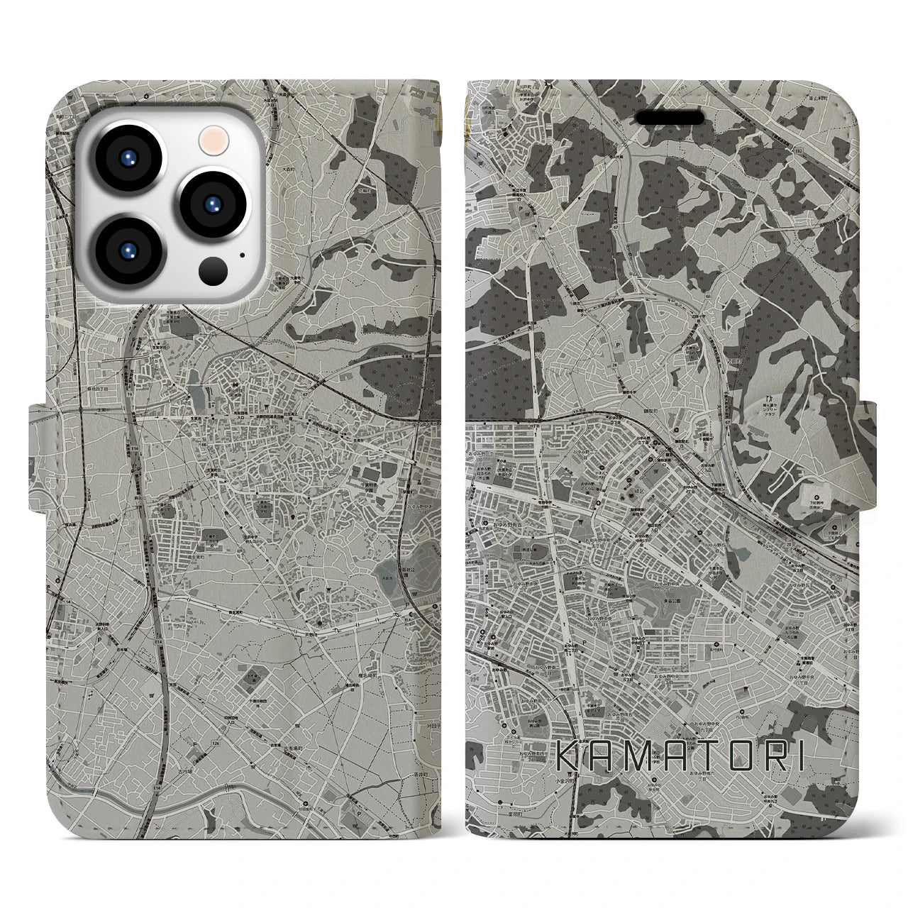 【鎌取(千葉県)】地図柄iPhoneケース(手帳タイプ)モノトーン・iPhone 13 Pro 用