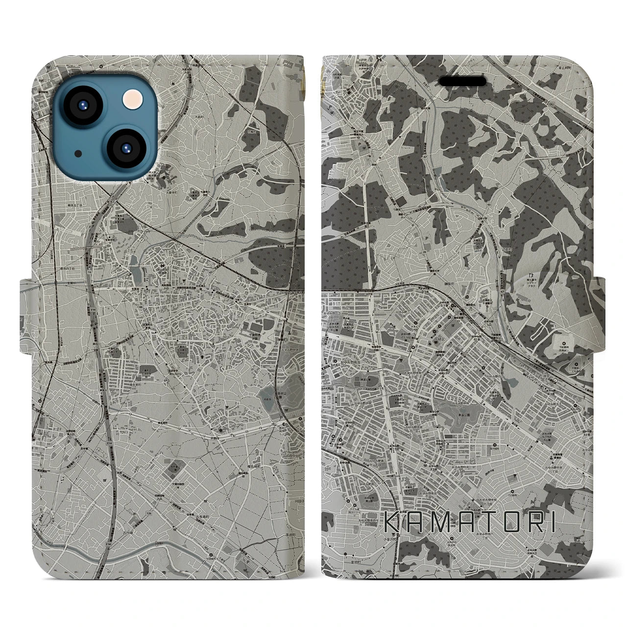 【鎌取(千葉県)】地図柄iPhoneケース(手帳タイプ)モノトーン・iPhone 13 用