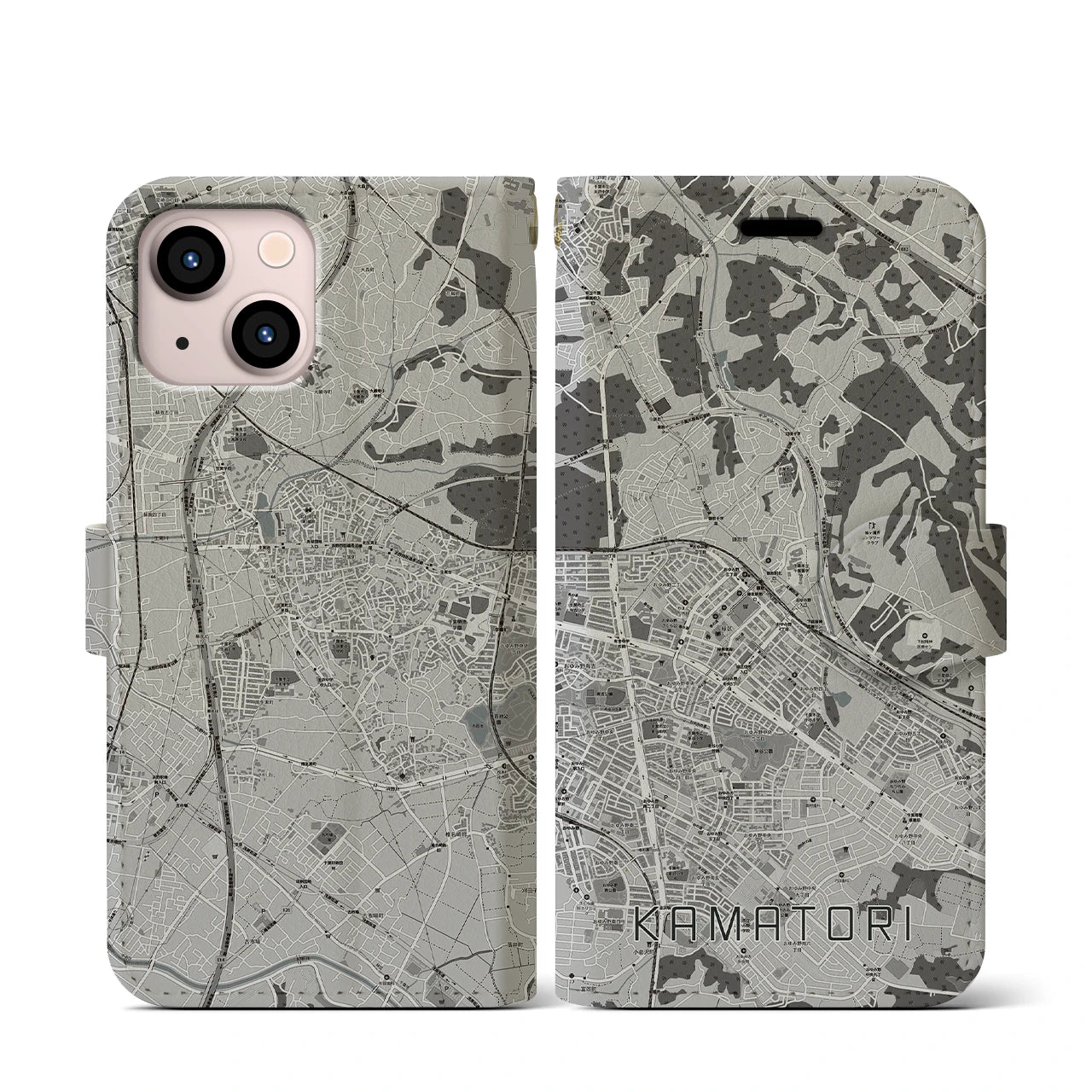 【鎌取(千葉県)】地図柄iPhoneケース(手帳タイプ)モノトーン・iPhone 13 mini 用