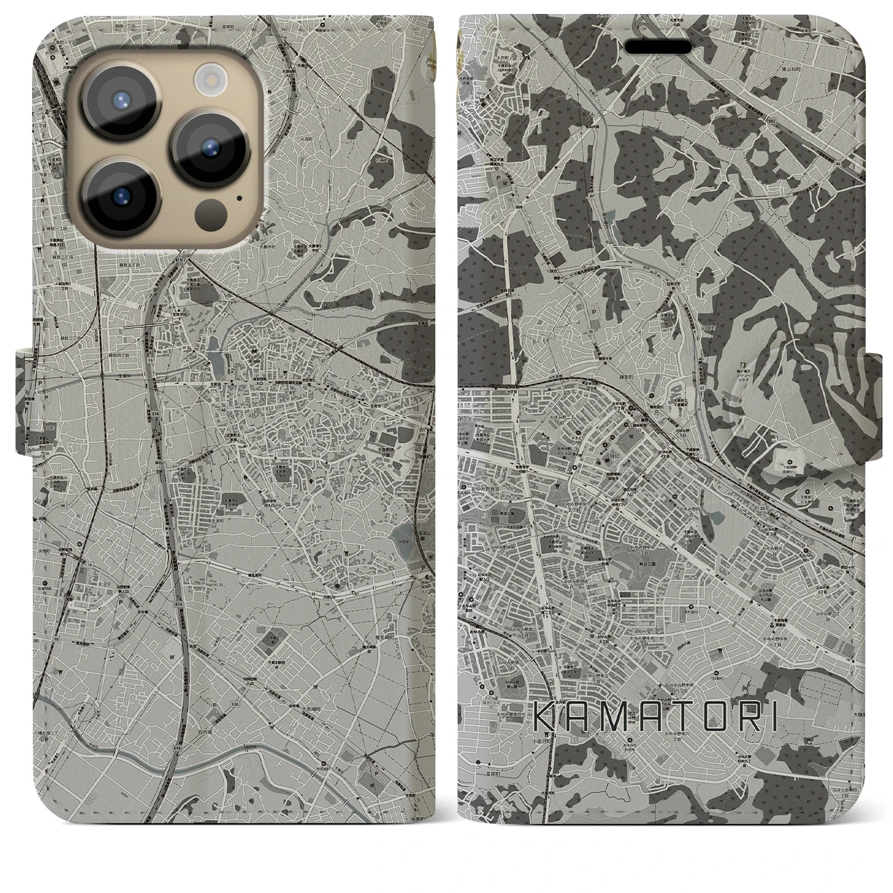 【鎌取(千葉県)】地図柄iPhoneケース(手帳タイプ)モノトーン・iPhone 14 Pro Max 用
