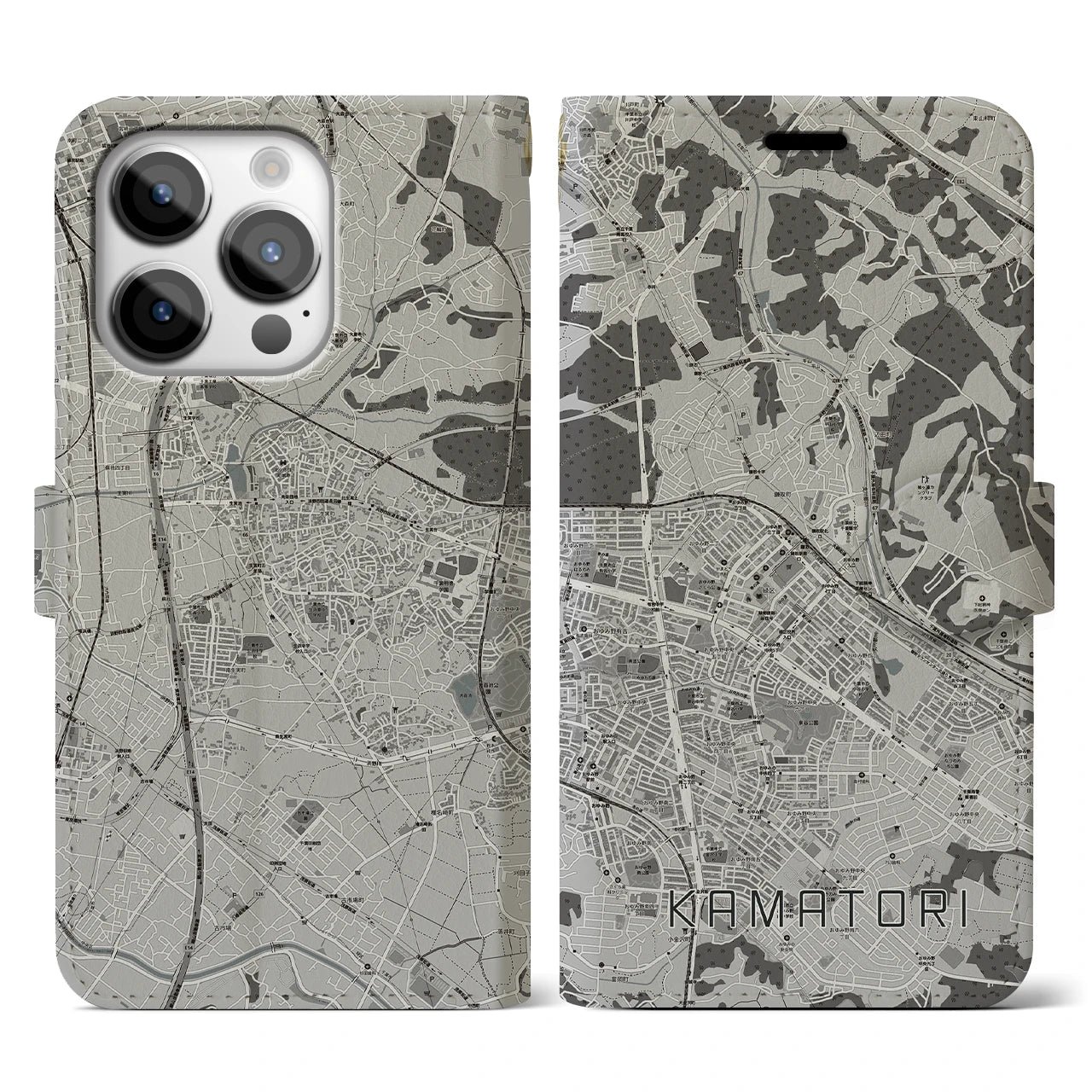 【鎌取(千葉県)】地図柄iPhoneケース(手帳タイプ)モノトーン・iPhone 14 Pro 用