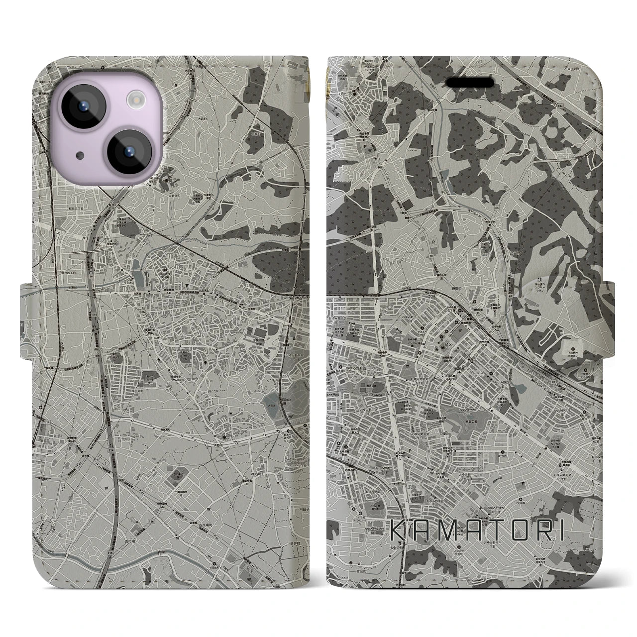 【鎌取(千葉県)】地図柄iPhoneケース(手帳タイプ)モノトーン・iPhone 14 用