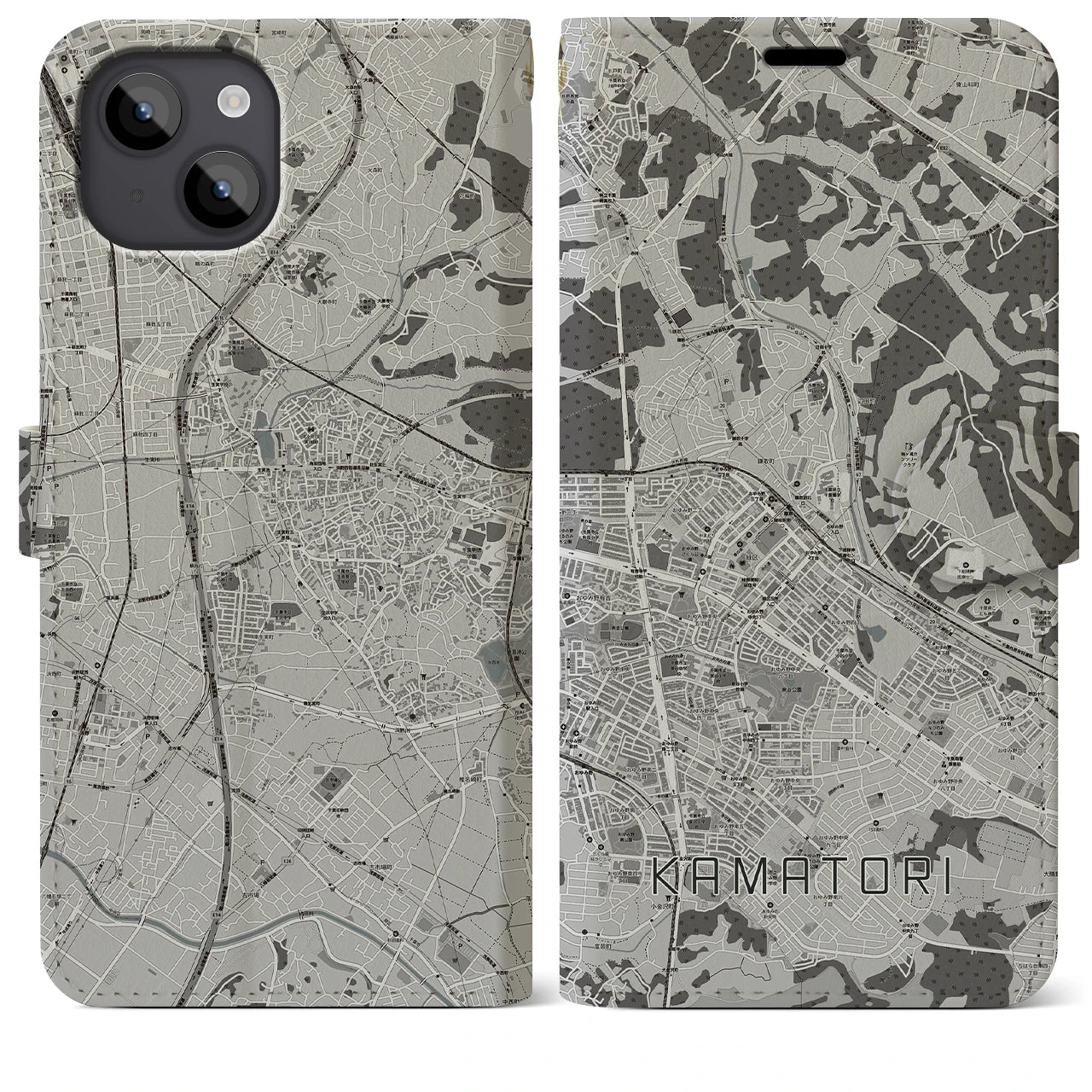 【鎌取(千葉県)】地図柄iPhoneケース(手帳タイプ)モノトーン・iPhone 14 Plus 用