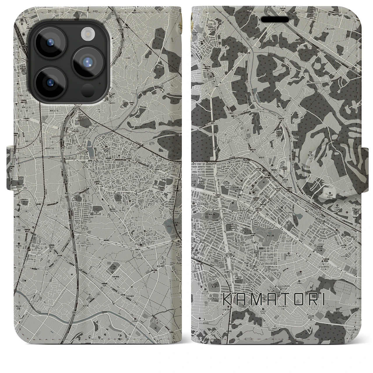 【鎌取(千葉県)】地図柄iPhoneケース(手帳タイプ)モノトーン・iPhone 15 Pro Max 用