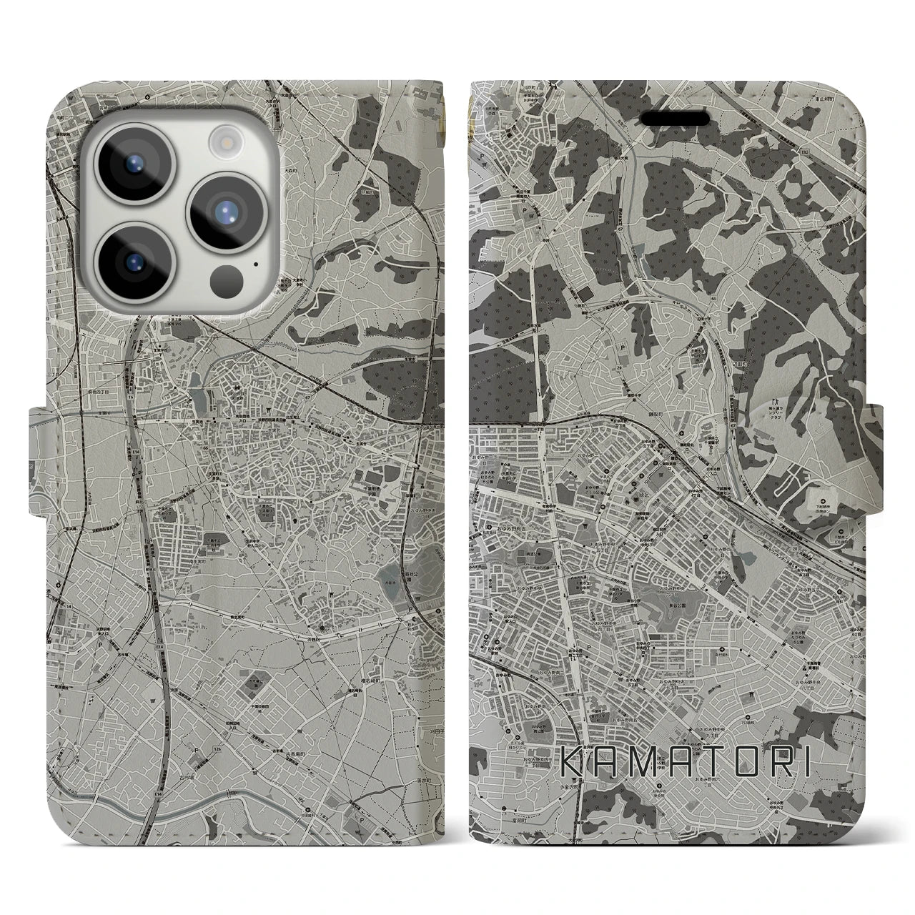 【鎌取(千葉県)】地図柄iPhoneケース(手帳タイプ)モノトーン・iPhone 15 Pro 用