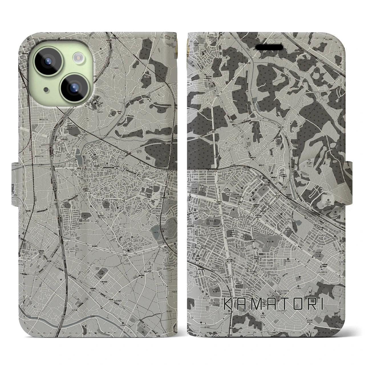 【鎌取(千葉県)】地図柄iPhoneケース(手帳タイプ)モノトーン・iPhone 15 用