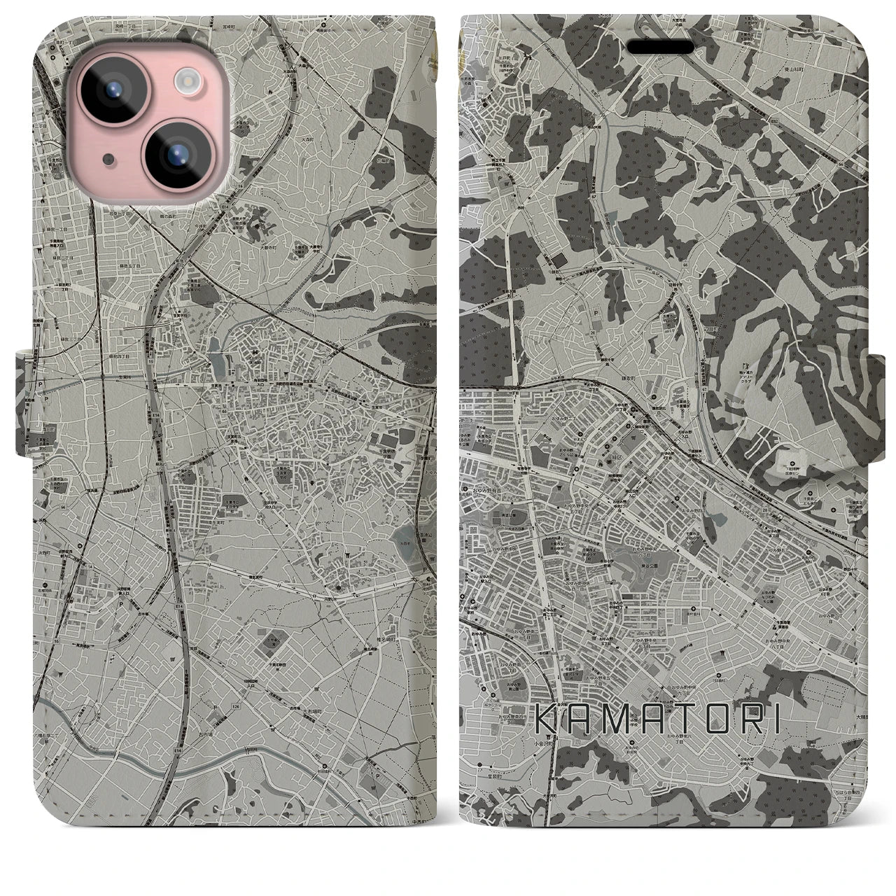 【鎌取(千葉県)】地図柄iPhoneケース(手帳タイプ)モノトーン・iPhone 15 Plus 用