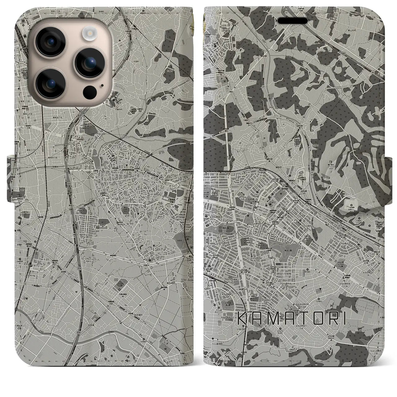 【鎌取(千葉県)】地図柄iPhoneケース(手帳タイプ)モノトーン・iPhone 16 Plus 用