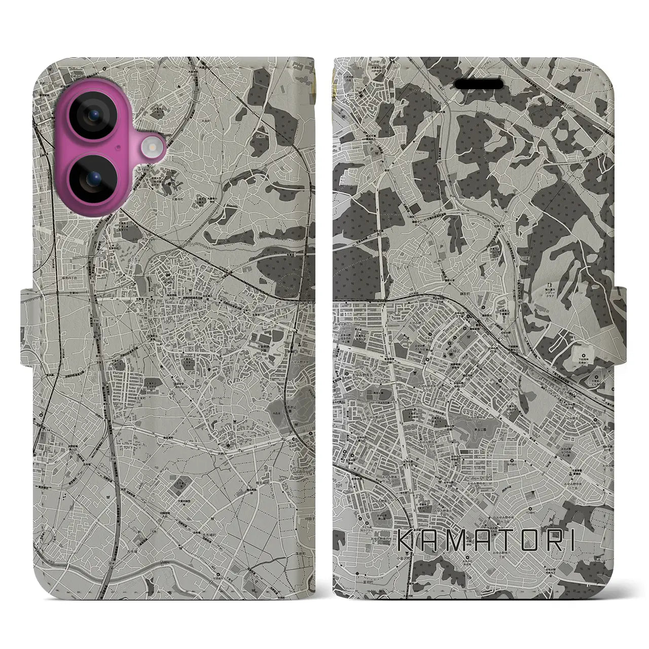 【鎌取(千葉県)】地図柄iPhoneケース(手帳タイプ)モノトーン・iPhone 16 Pro 用