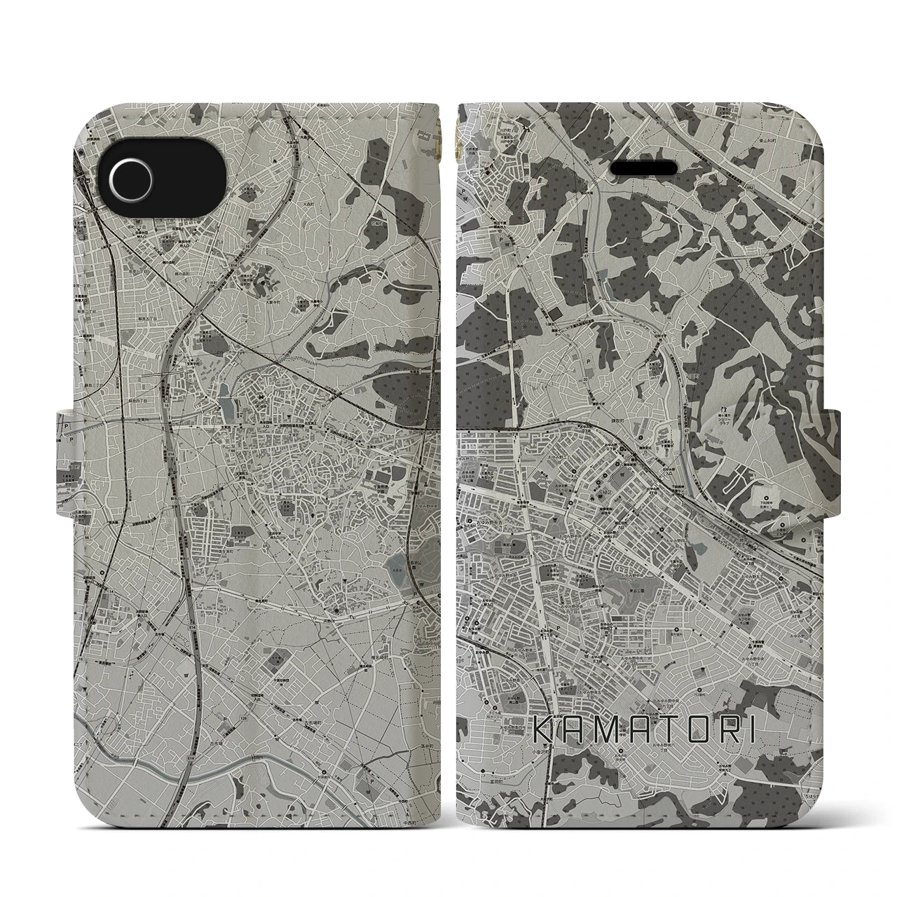 【鎌取(千葉県)】地図柄iPhoneケース(手帳タイプ)モノトーン・iPhone SE(第3 / 第2世代) / 8 / 7 / 6s / 6 用