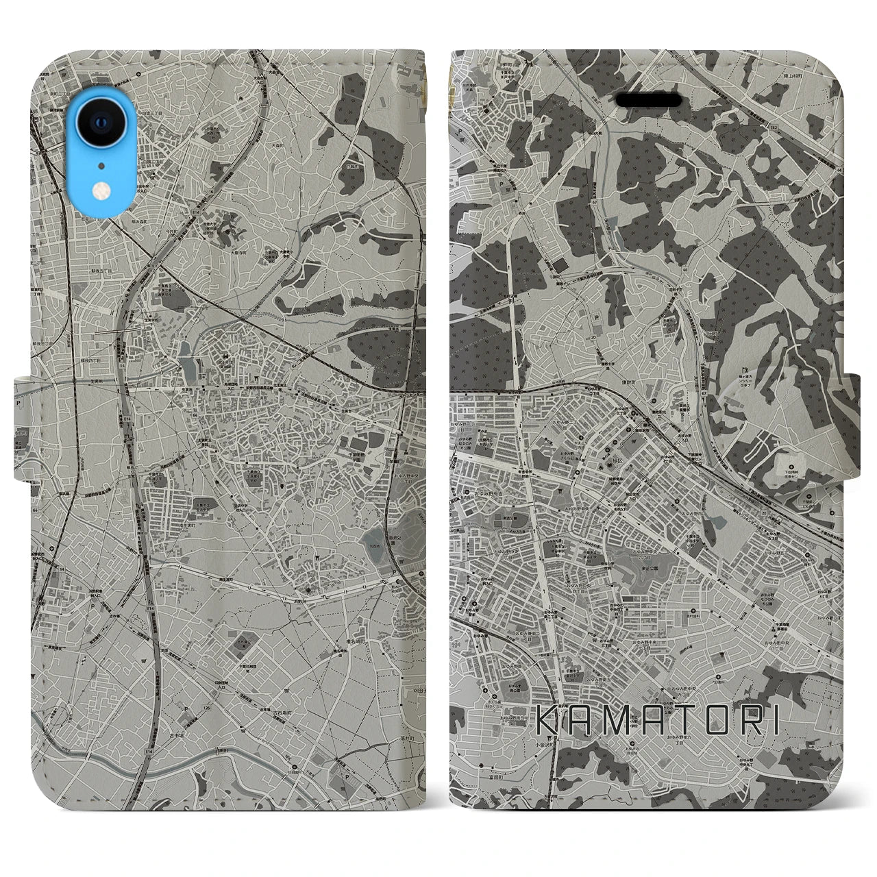 【鎌取(千葉県)】地図柄iPhoneケース(手帳タイプ)モノトーン・iPhone XR 用