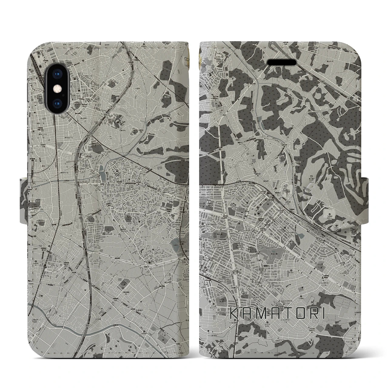【鎌取(千葉県)】地図柄iPhoneケース(手帳タイプ)モノトーン・iPhone XS / X 用