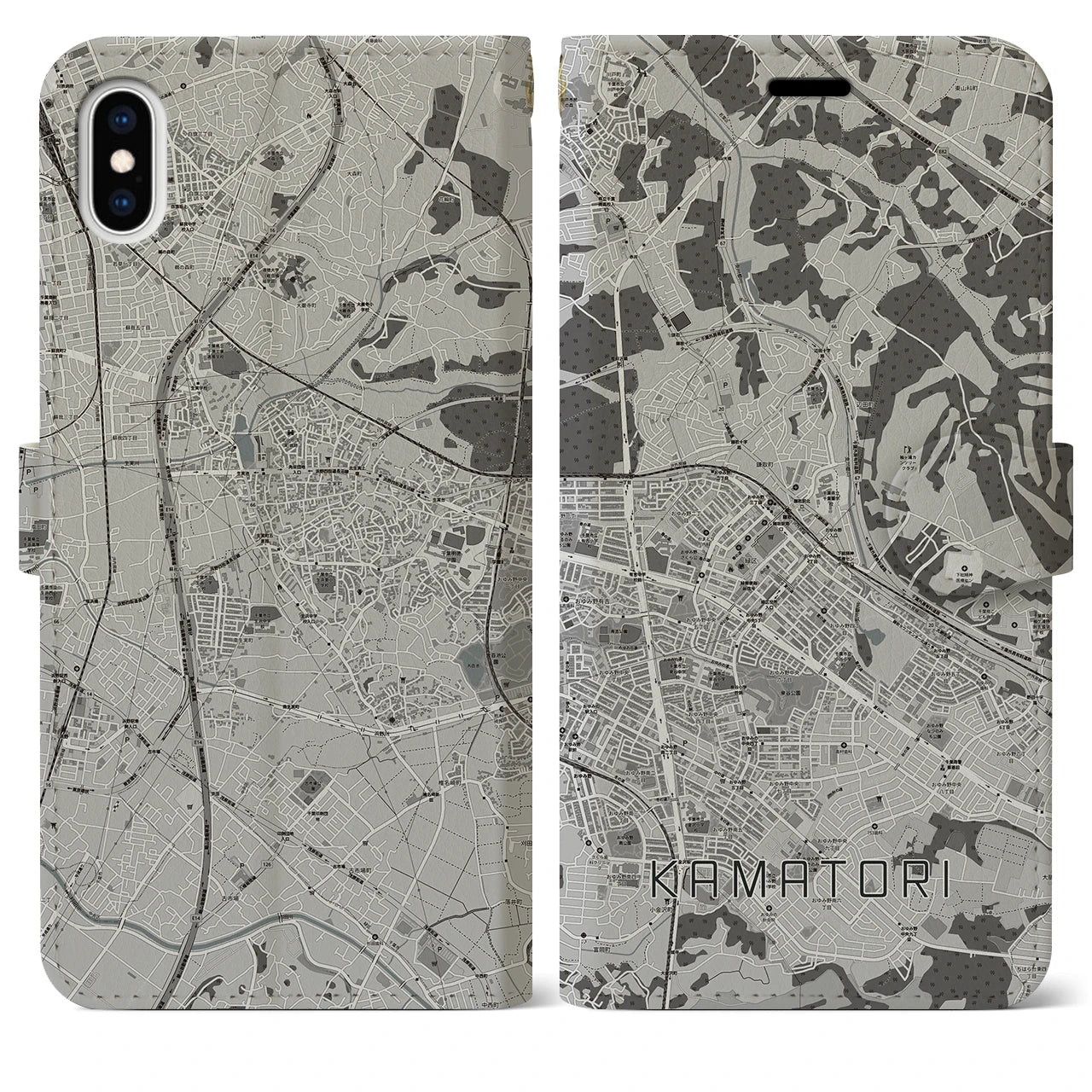 【鎌取(千葉県)】地図柄iPhoneケース(手帳タイプ)モノトーン・iPhone XS Max 用