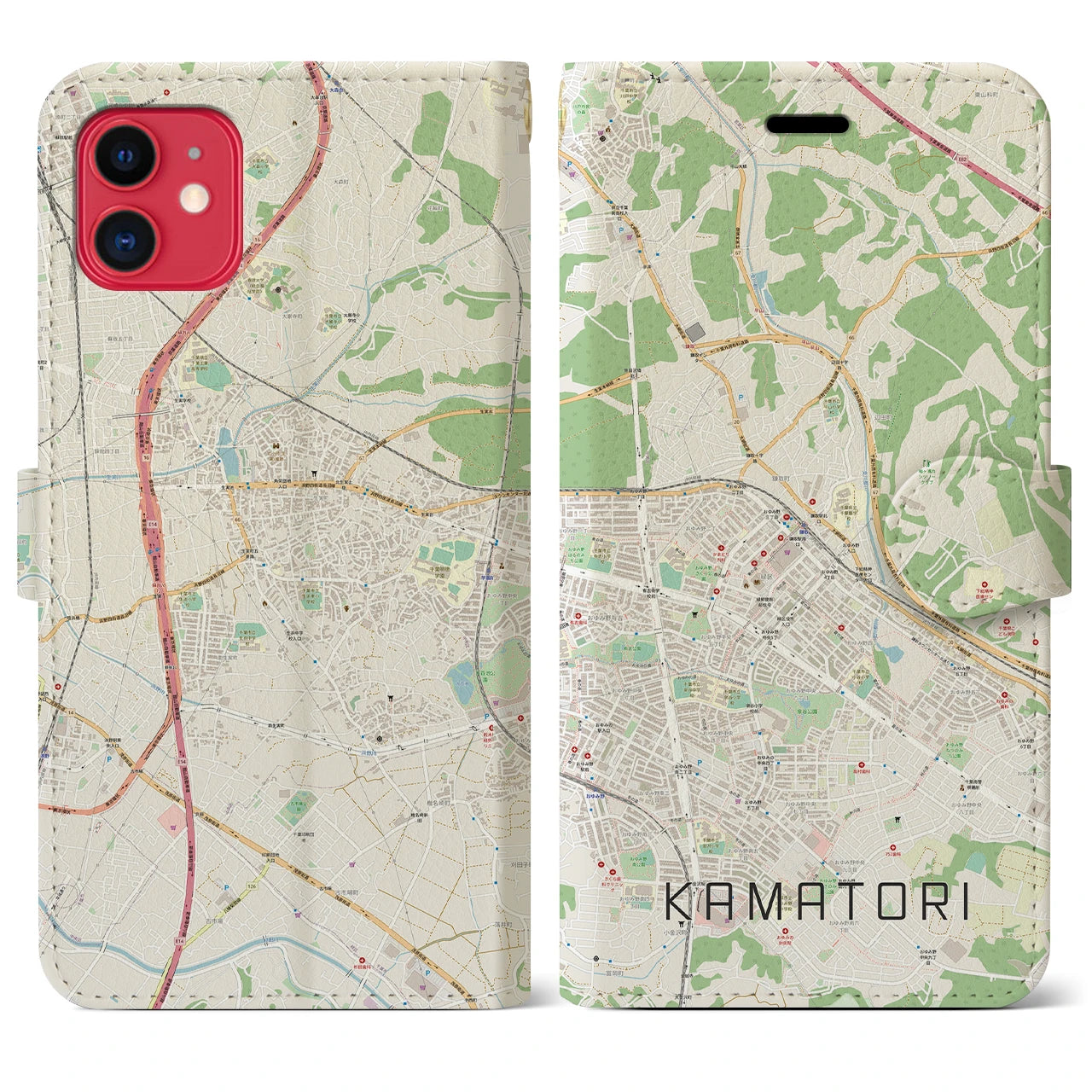 【鎌取(千葉県)】地図柄iPhoneケース(手帳タイプ)ナチュラル・iPhone 11 用