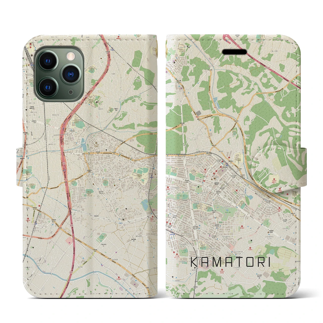 【鎌取(千葉県)】地図柄iPhoneケース(手帳タイプ)ナチュラル・iPhone 11 Pro 用