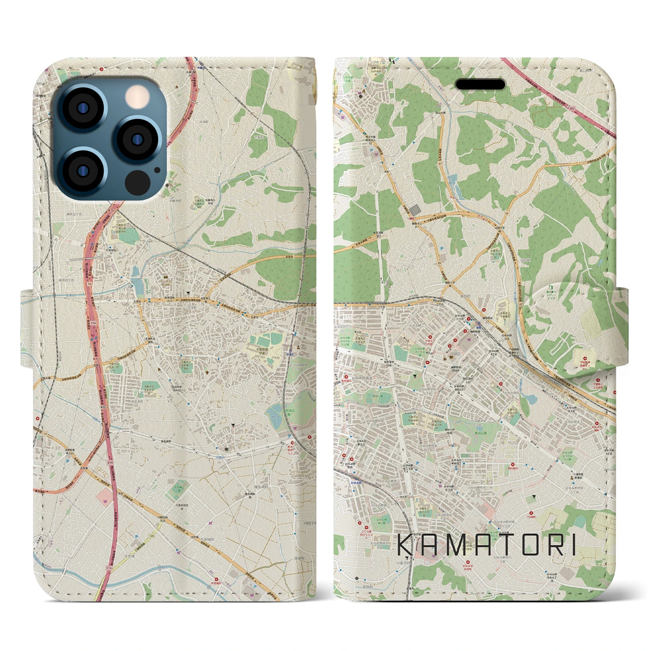 【鎌取(千葉県)】地図柄iPhoneケース(手帳タイプ)ナチュラル・iPhone 12 / 12 Pro 用