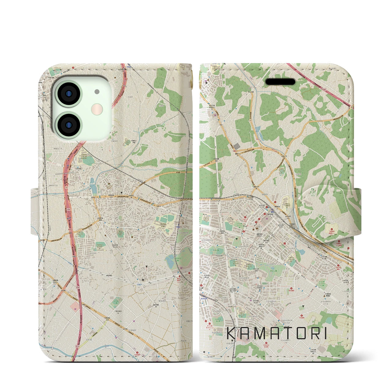【鎌取(千葉県)】地図柄iPhoneケース(手帳タイプ)ナチュラル・iPhone 12 mini 用
