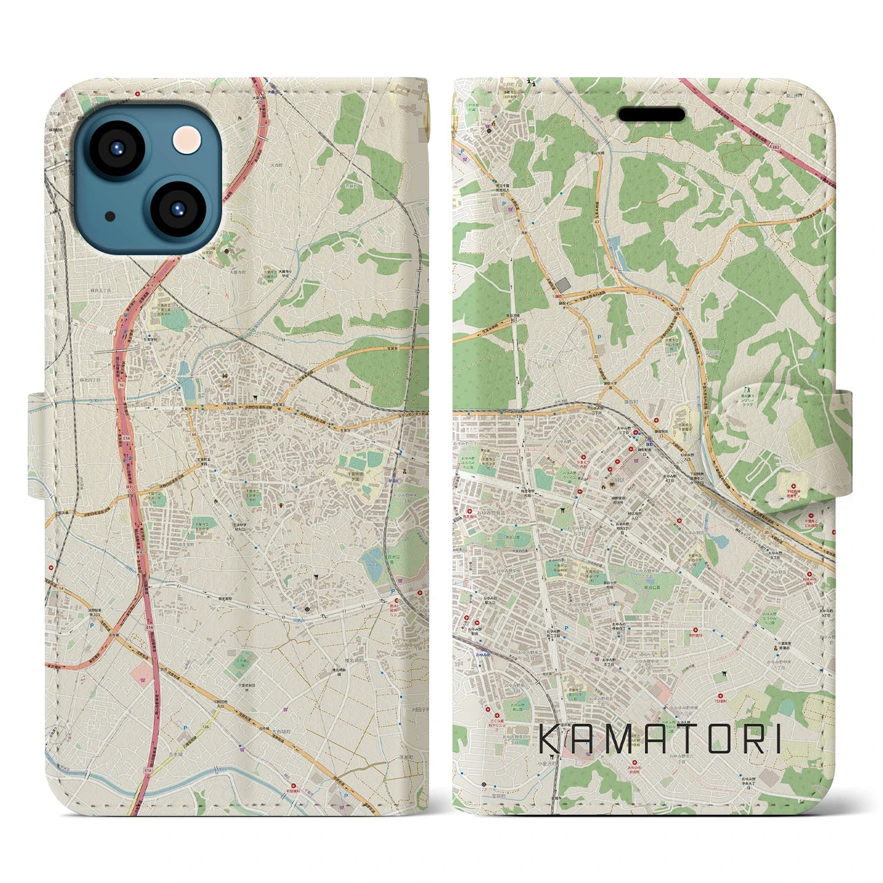 【鎌取(千葉県)】地図柄iPhoneケース(手帳タイプ)ナチュラル・iPhone 13 用