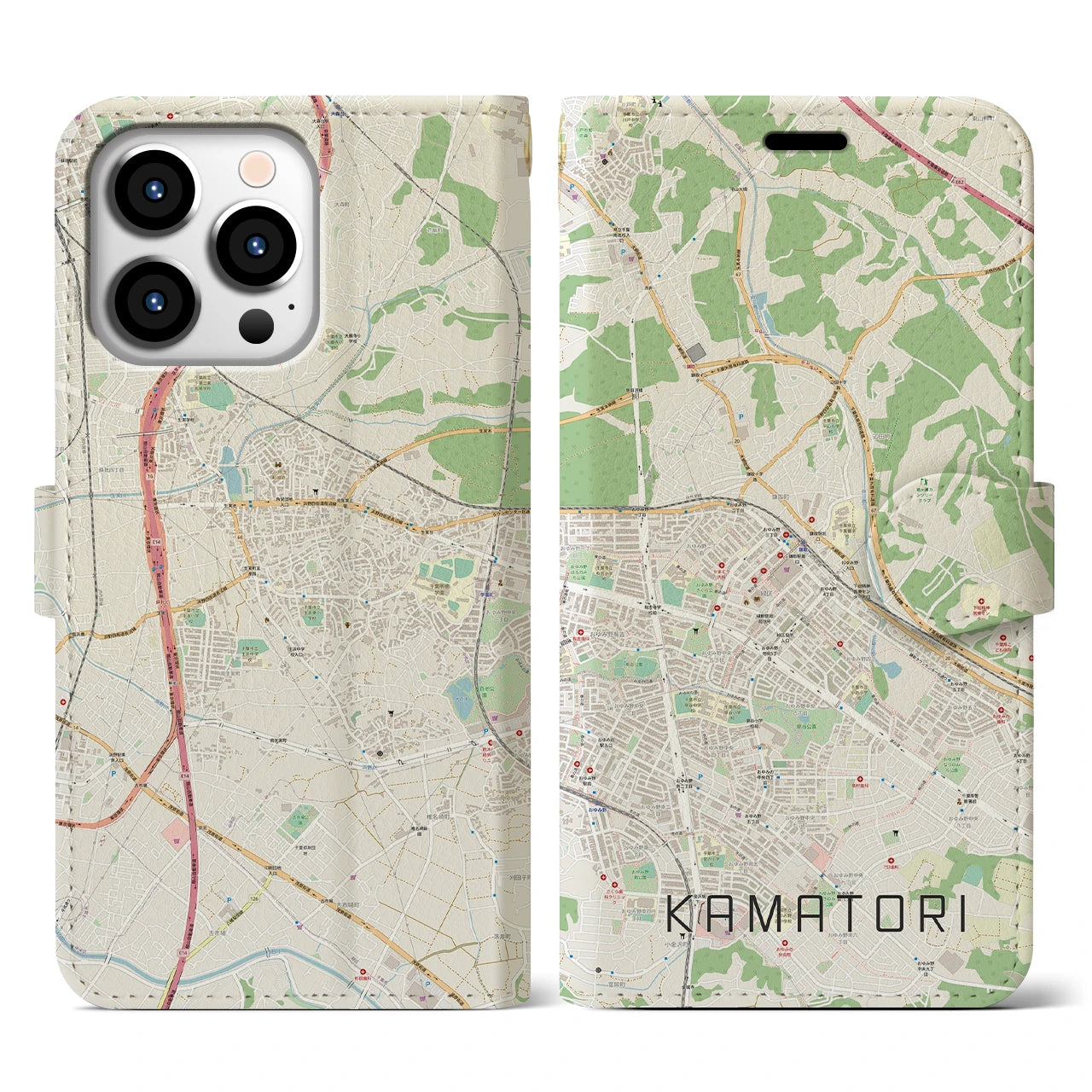 【鎌取(千葉県)】地図柄iPhoneケース(手帳タイプ)ナチュラル・iPhone 13 Pro 用