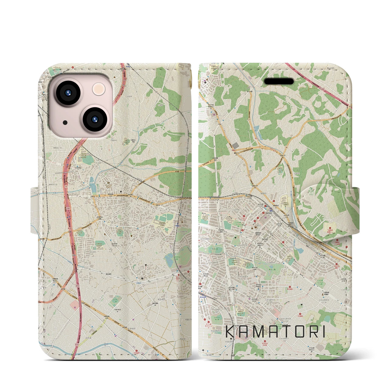 【鎌取(千葉県)】地図柄iPhoneケース(手帳タイプ)ナチュラル・iPhone 13 mini 用