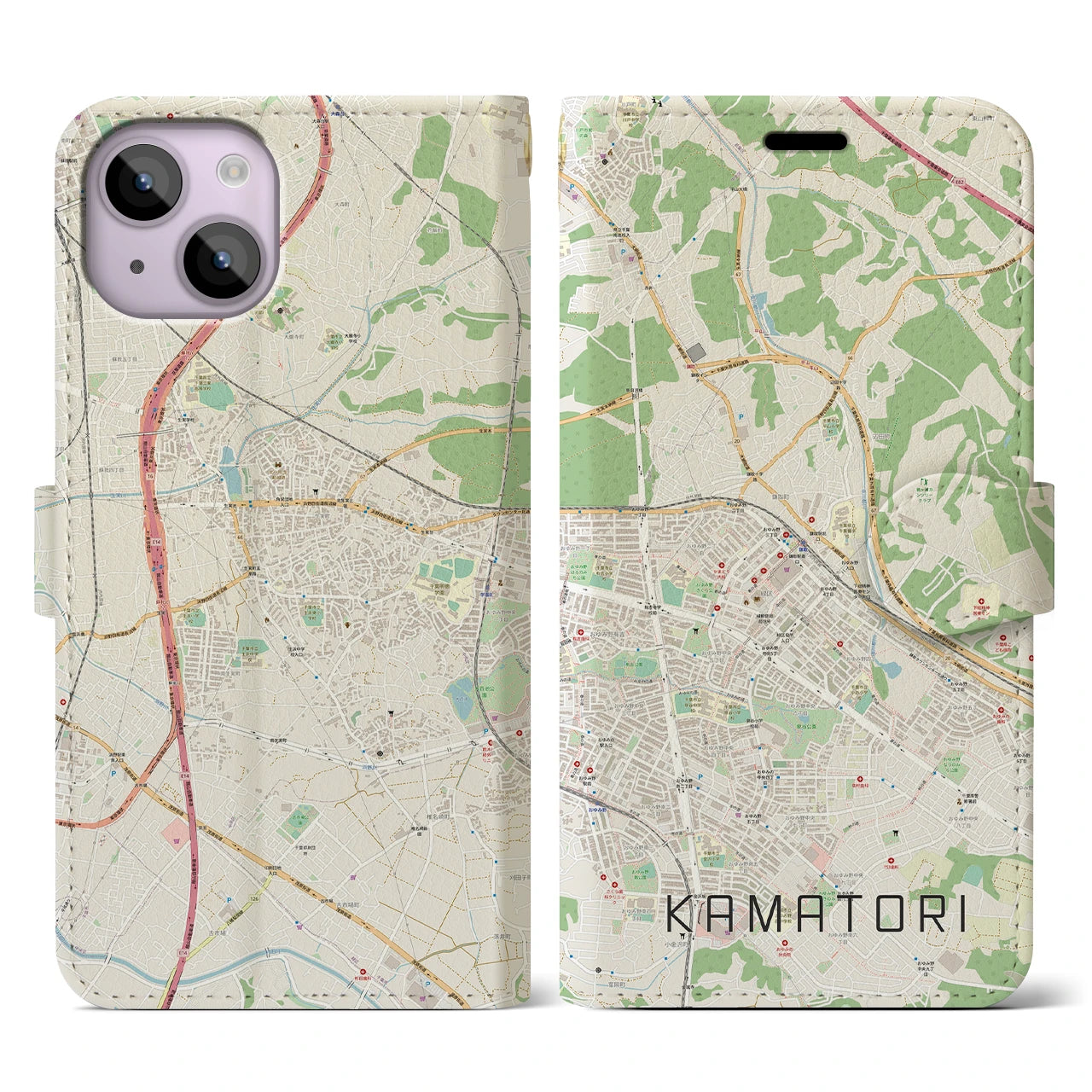 【鎌取(千葉県)】地図柄iPhoneケース(手帳タイプ)ナチュラル・iPhone 14 用