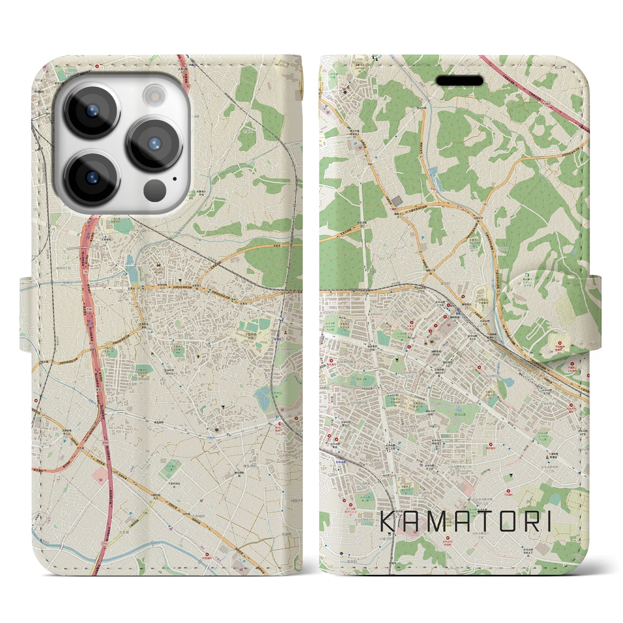 【鎌取(千葉県)】地図柄iPhoneケース(手帳タイプ)ナチュラル・iPhone 14 Pro 用