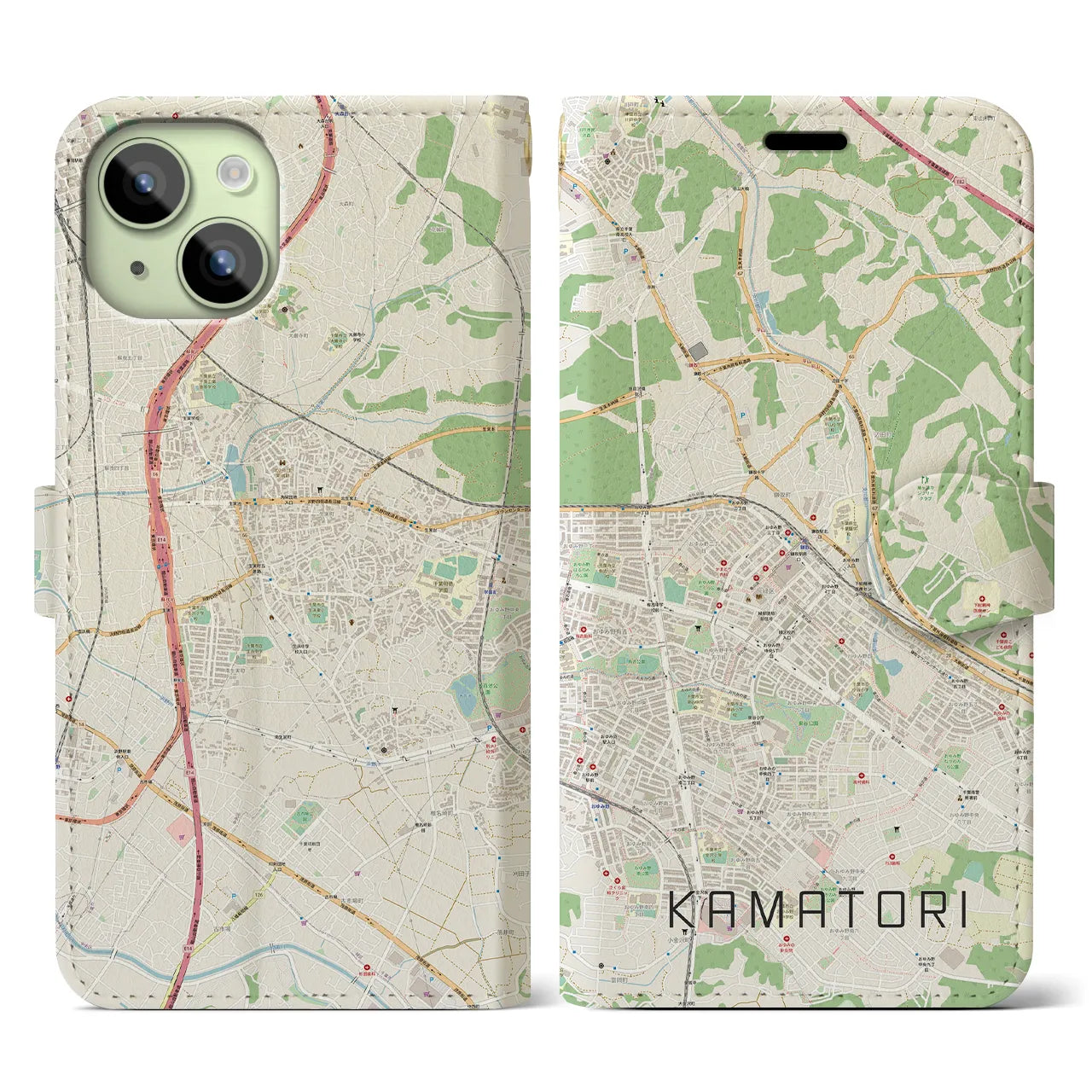 【鎌取(千葉県)】地図柄iPhoneケース(手帳タイプ)ナチュラル・iPhone 15 用