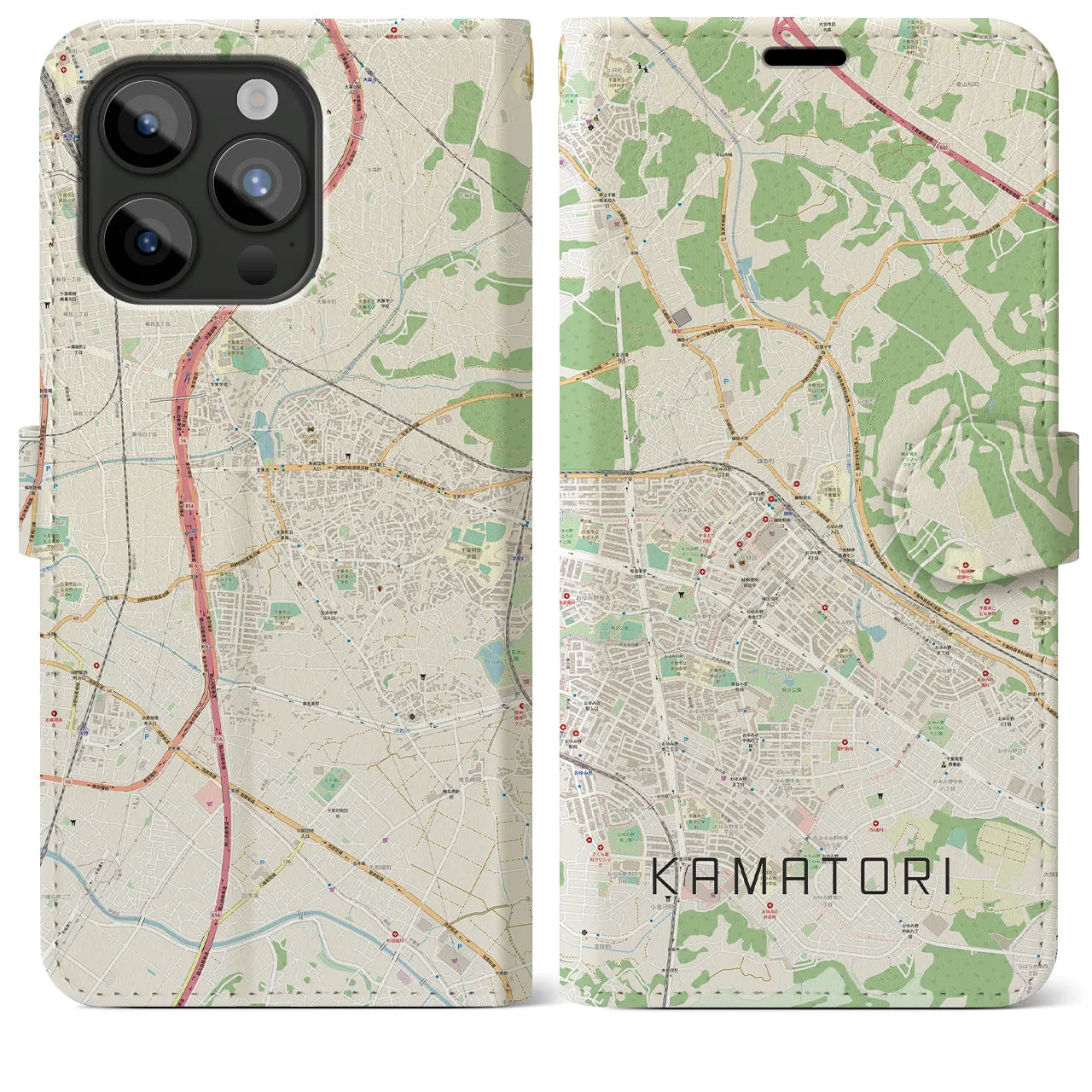 【鎌取(千葉県)】地図柄iPhoneケース(手帳タイプ)ナチュラル・iPhone 15 Pro Max 用