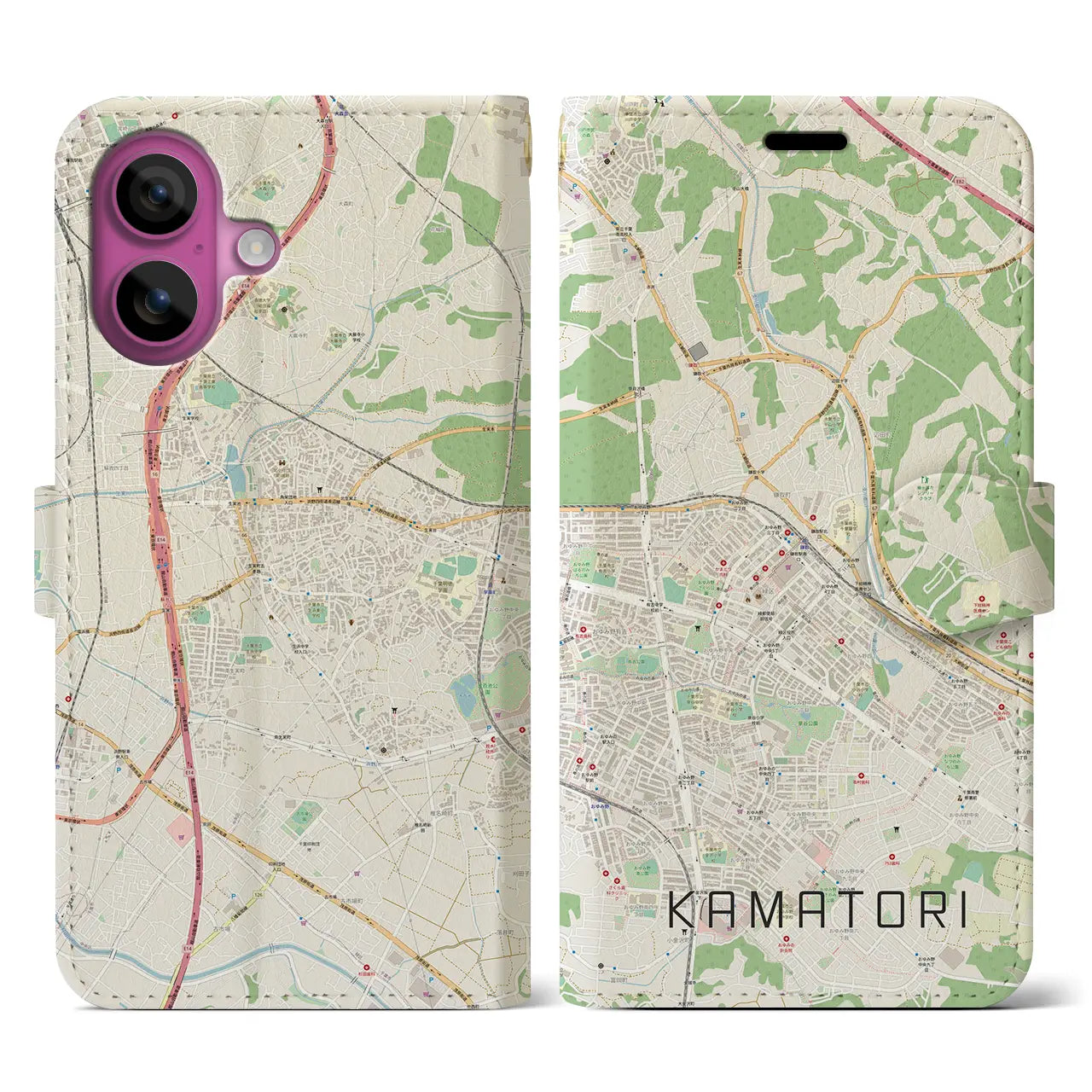 【鎌取(千葉県)】地図柄iPhoneケース(手帳タイプ)ナチュラル・iPhone 16 Pro 用