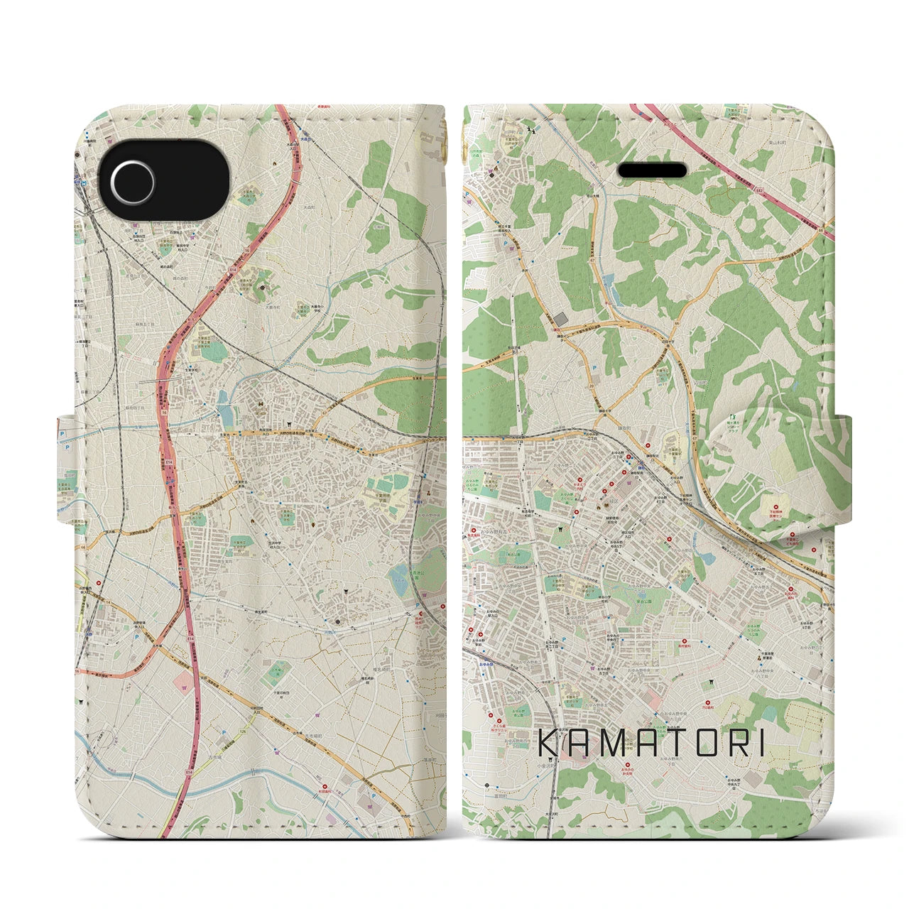 【鎌取(千葉県)】地図柄iPhoneケース(手帳タイプ)ナチュラル・iPhone SE(第3 / 第2世代) / 8 / 7 / 6s / 6 用