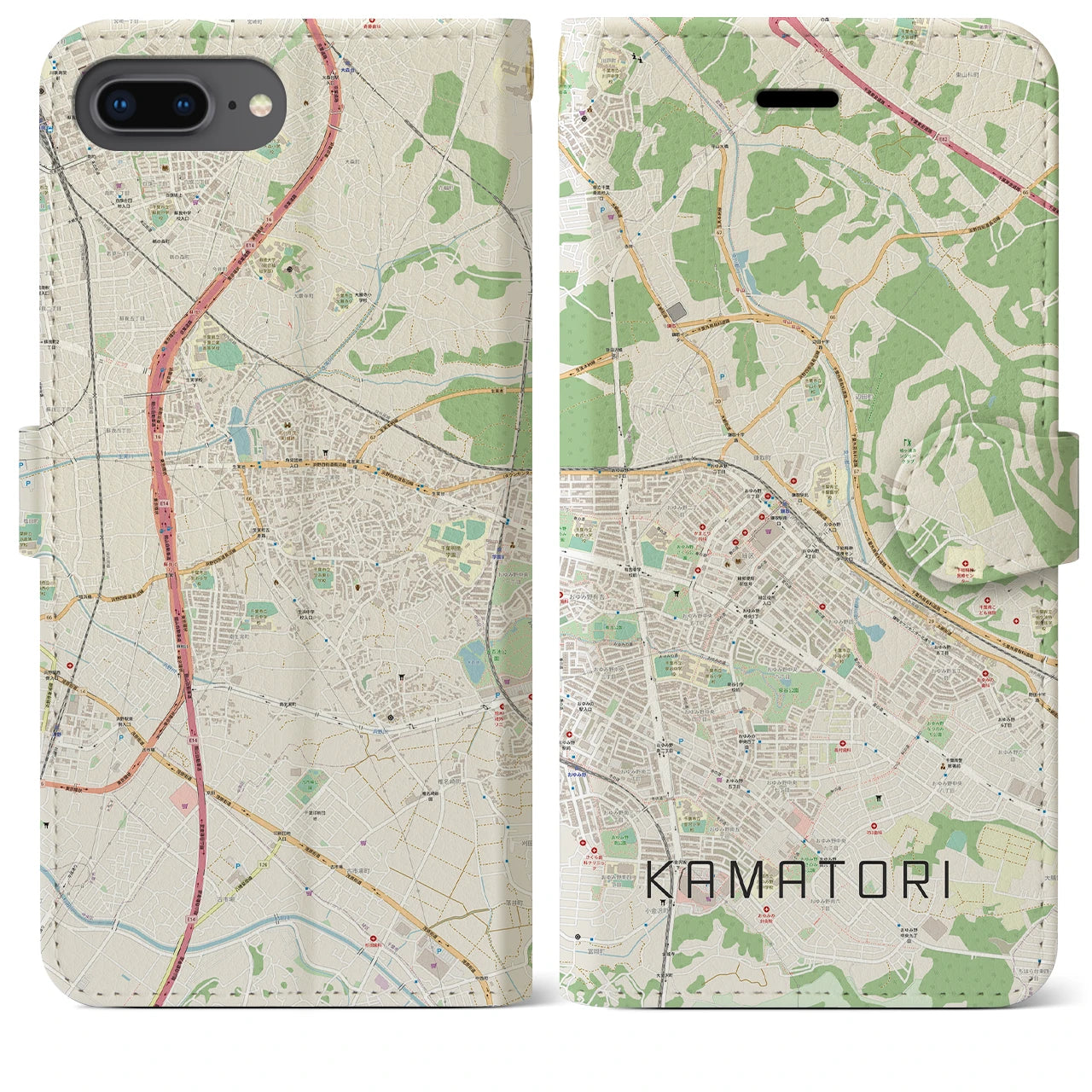 【鎌取(千葉県)】地図柄iPhoneケース(手帳タイプ)ナチュラル・iPhone 8Plus /7Plus / 6sPlus / 6Plus 用