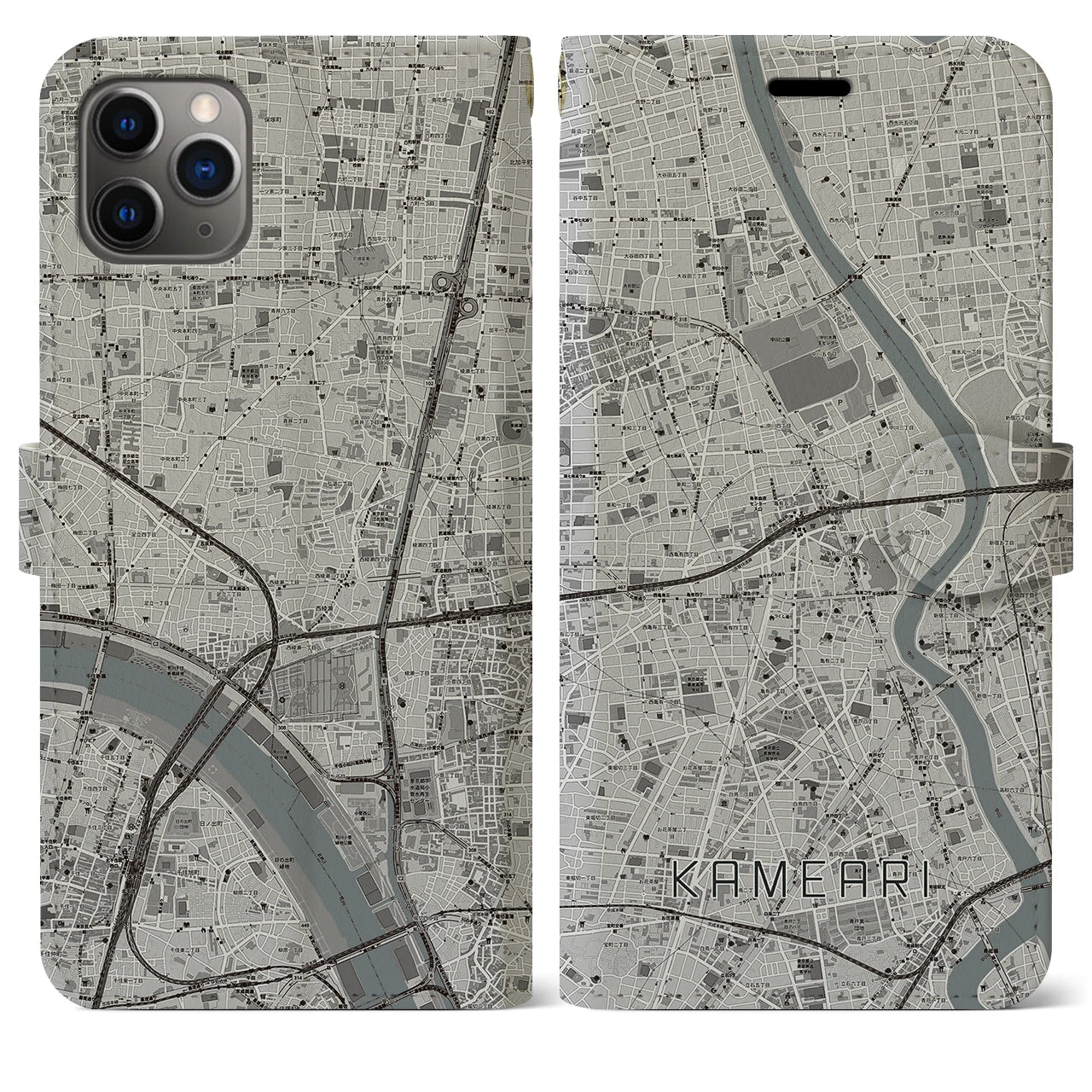 【亀有(東京都)】地図柄iPhoneケース(手帳タイプ)モノトーン・iPhone 11 Pro Max 用