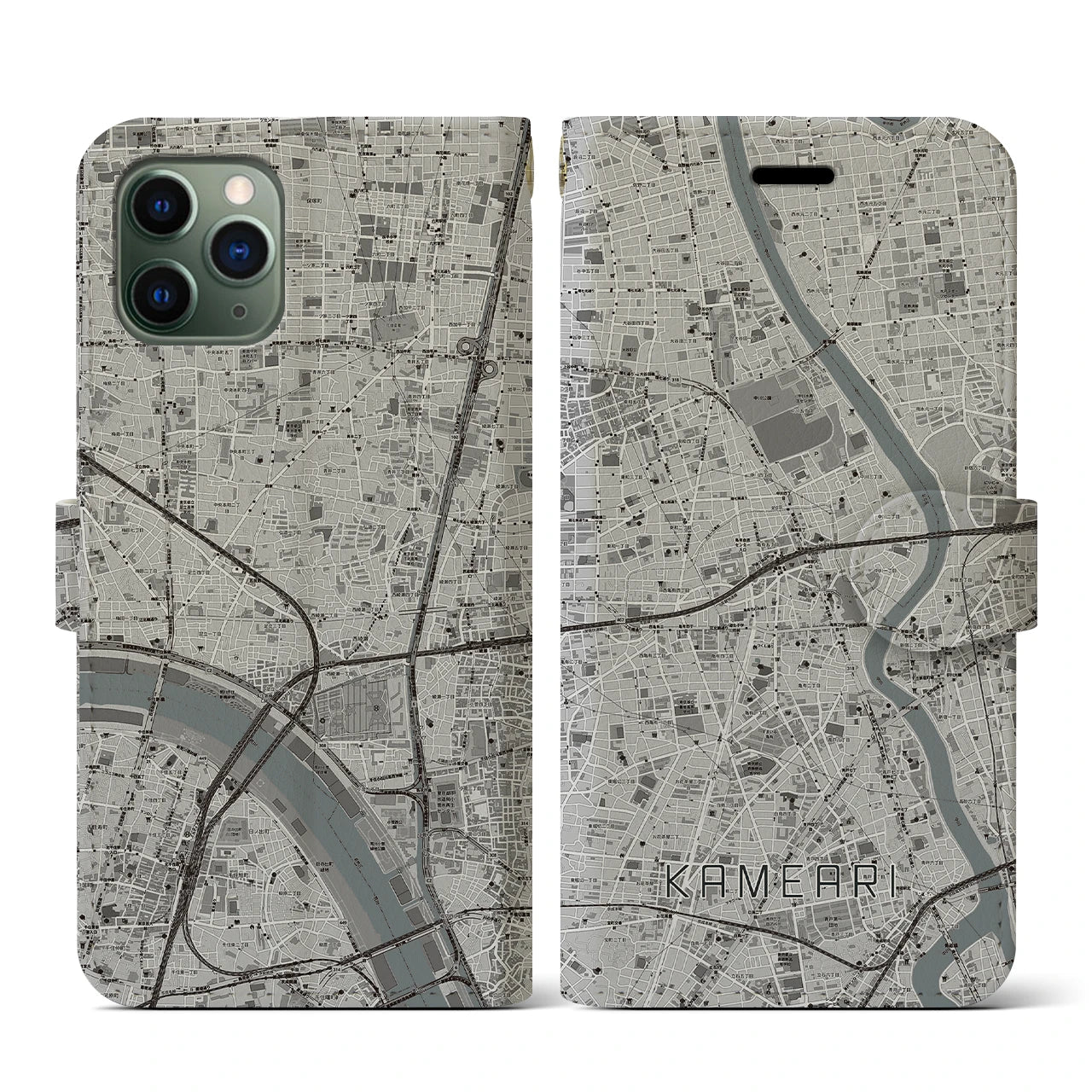 【亀有(東京都)】地図柄iPhoneケース(手帳タイプ)モノトーン・iPhone 11 Pro 用