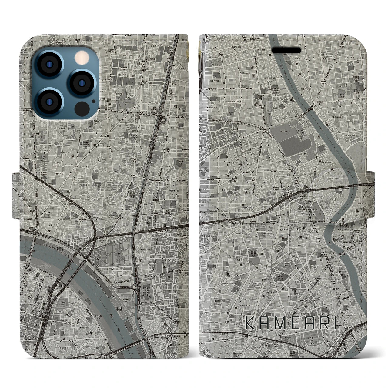【亀有(東京都)】地図柄iPhoneケース(手帳タイプ)モノトーン・iPhone 12 / 12 Pro 用