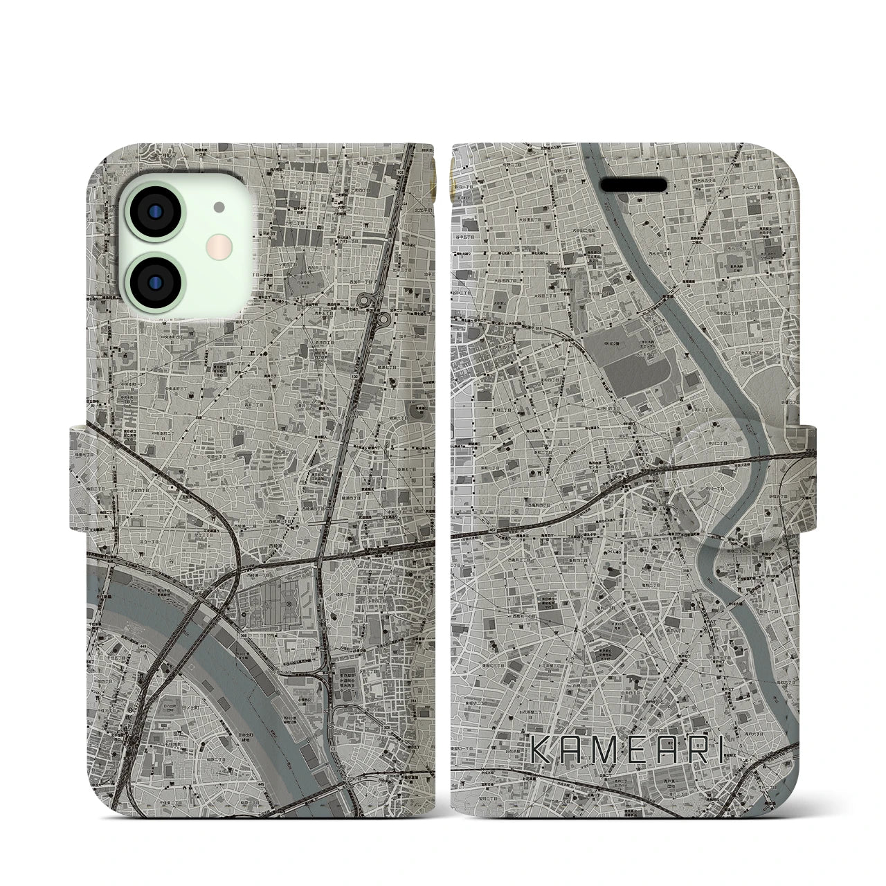 【亀有(東京都)】地図柄iPhoneケース(手帳タイプ)モノトーン・iPhone 12 mini 用