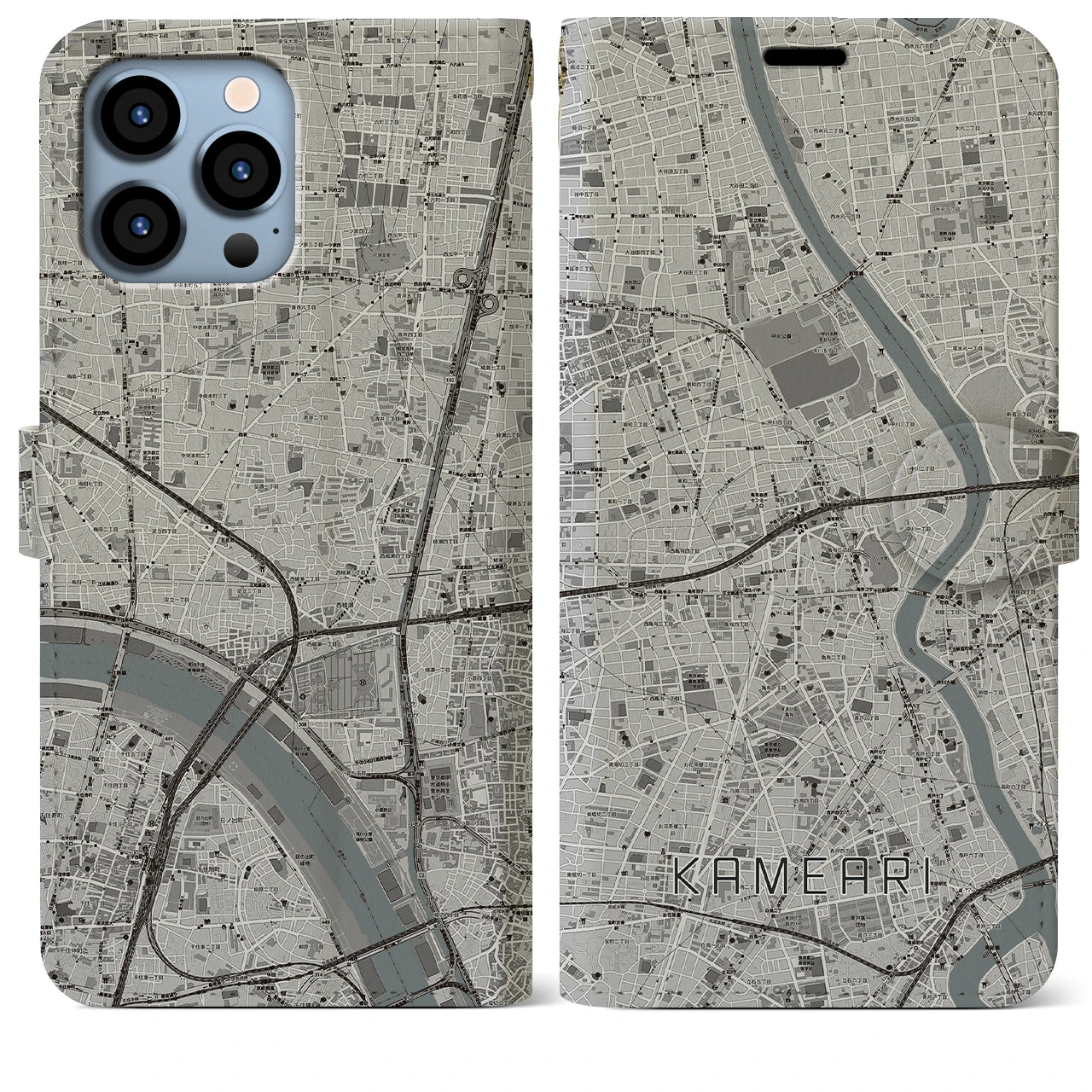 【亀有(東京都)】地図柄iPhoneケース(手帳タイプ)モノトーン・iPhone 13 Pro Max 用