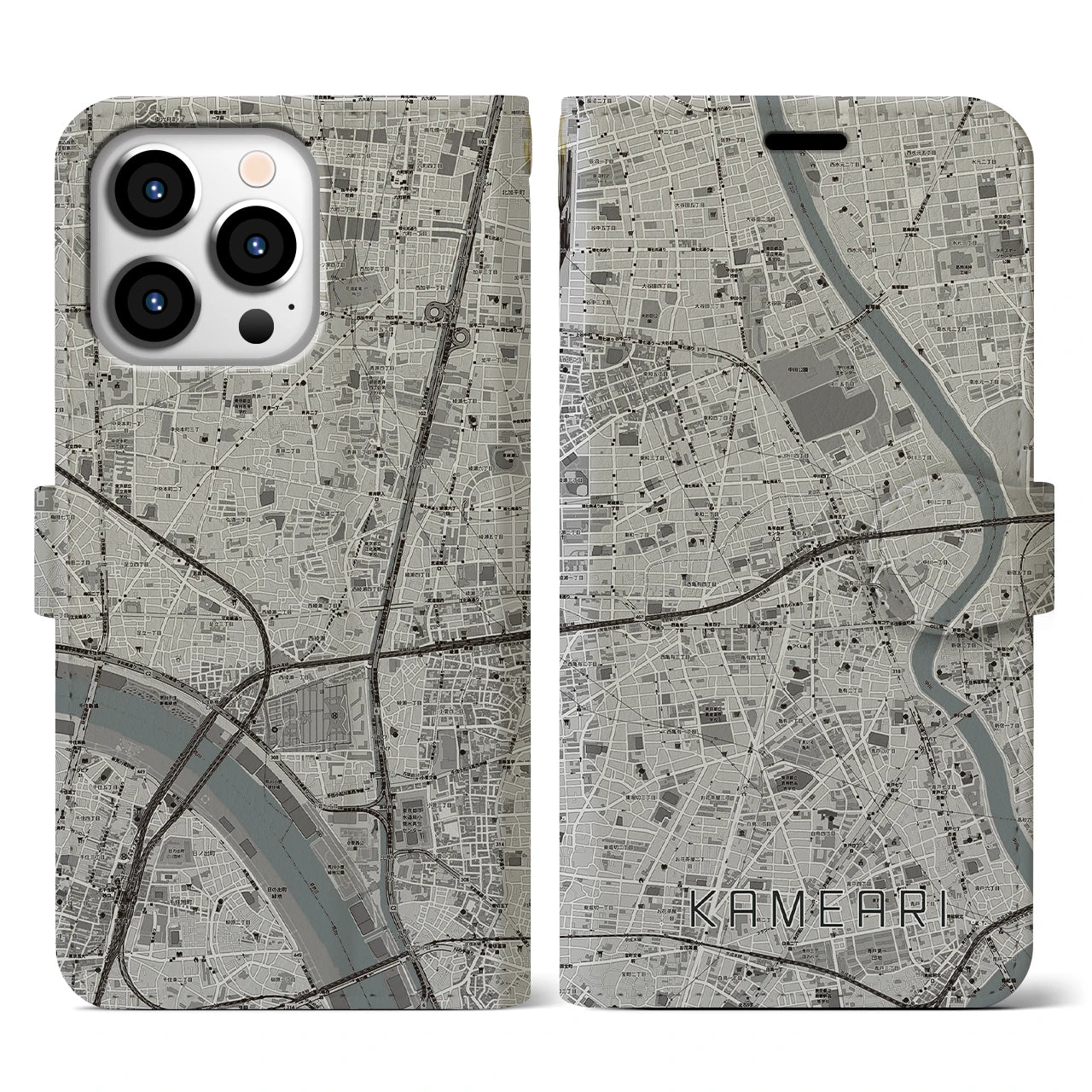 【亀有(東京都)】地図柄iPhoneケース(手帳タイプ)モノトーン・iPhone 13 Pro 用