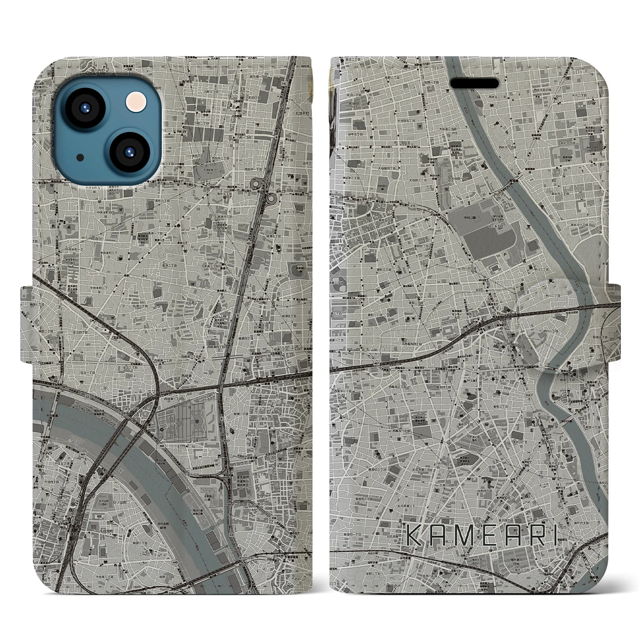 【亀有(東京都)】地図柄iPhoneケース(手帳タイプ)モノトーン・iPhone 13 用