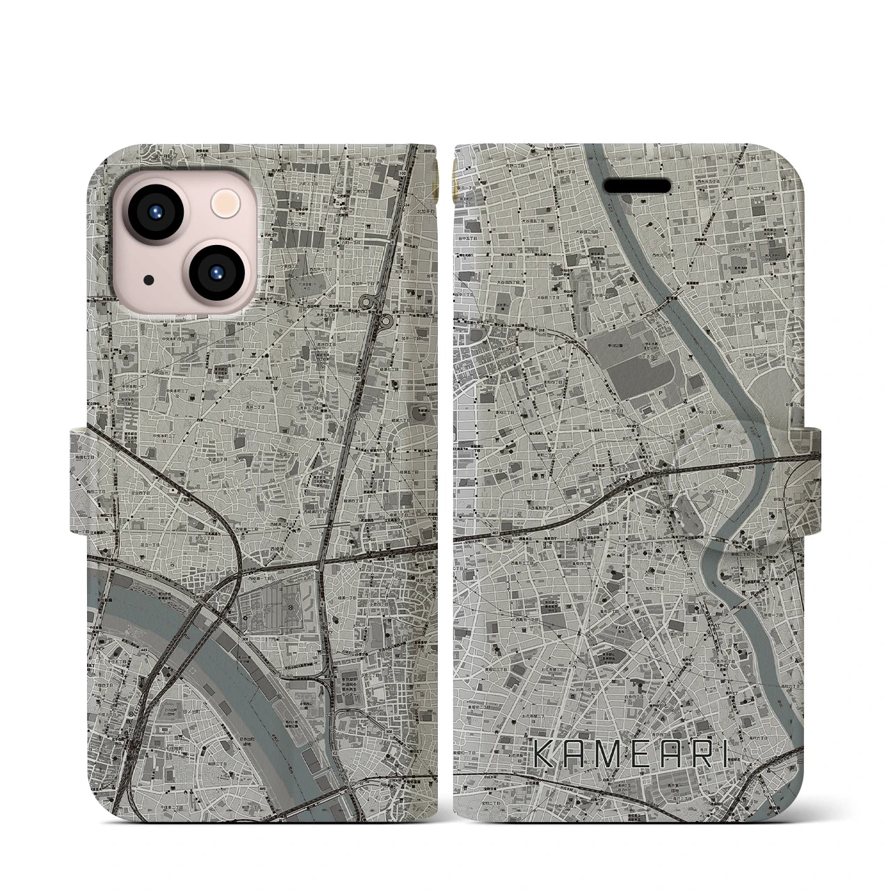 【亀有(東京都)】地図柄iPhoneケース(手帳タイプ)モノトーン・iPhone 13 mini 用