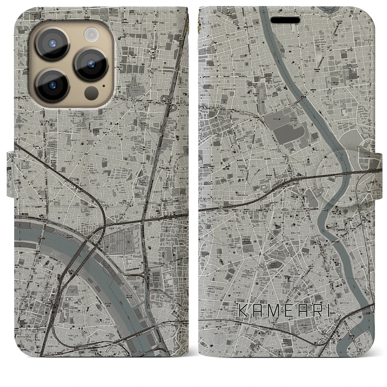 【亀有(東京都)】地図柄iPhoneケース(手帳タイプ)モノトーン・iPhone 14 Pro Max 用