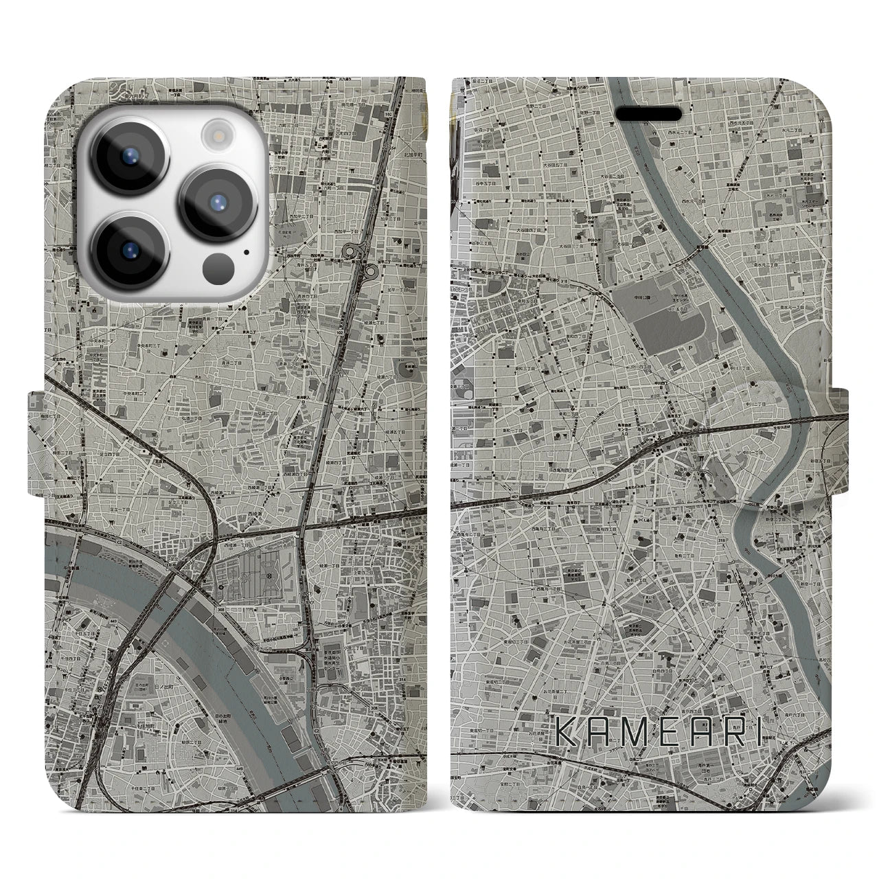 【亀有(東京都)】地図柄iPhoneケース(手帳タイプ)モノトーン・iPhone 14 Pro 用