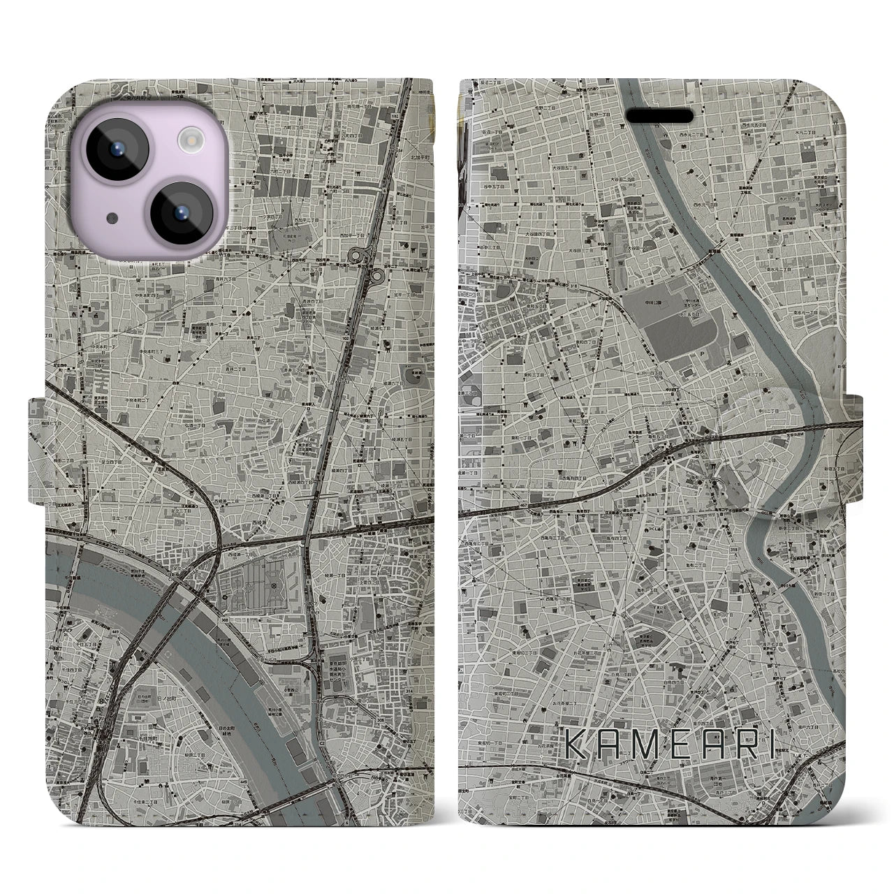【亀有(東京都)】地図柄iPhoneケース(手帳タイプ)モノトーン・iPhone 14 用