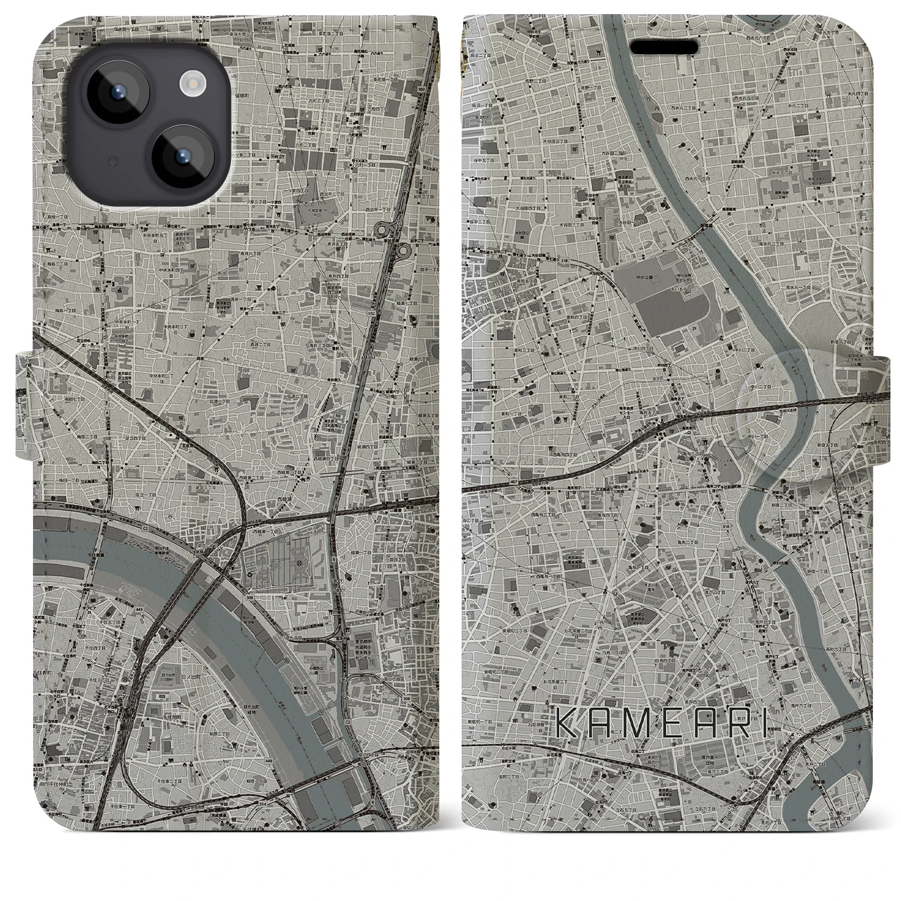 【亀有(東京都)】地図柄iPhoneケース(手帳タイプ)モノトーン・iPhone 14 Plus 用