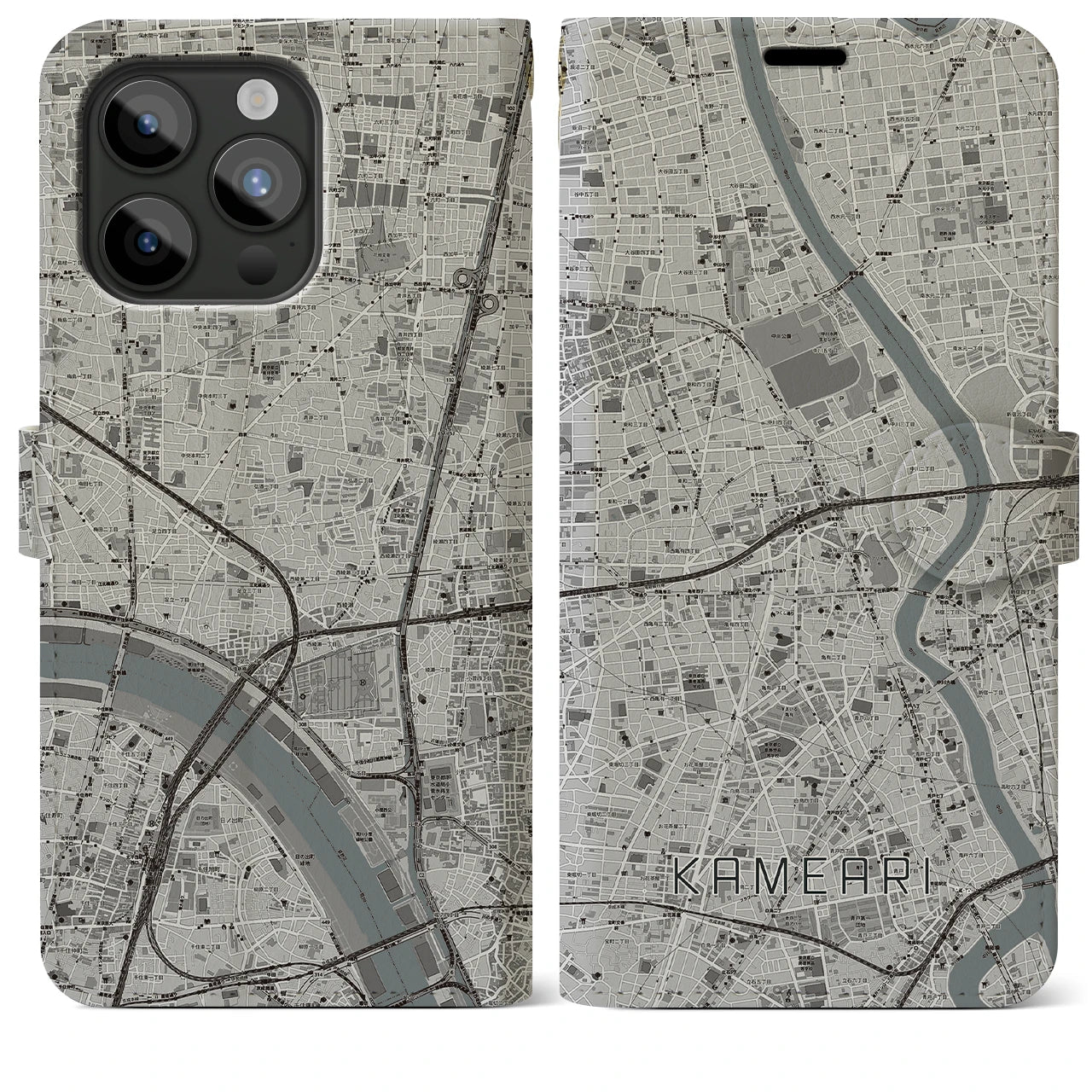 【亀有(東京都)】地図柄iPhoneケース(手帳タイプ)モノトーン・iPhone 15 Pro Max 用