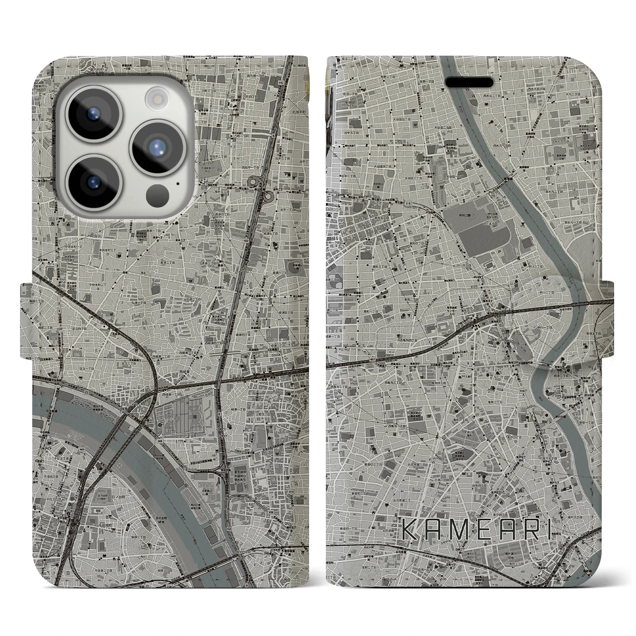 【亀有(東京都)】地図柄iPhoneケース(手帳タイプ)モノトーン・iPhone 15 Pro 用