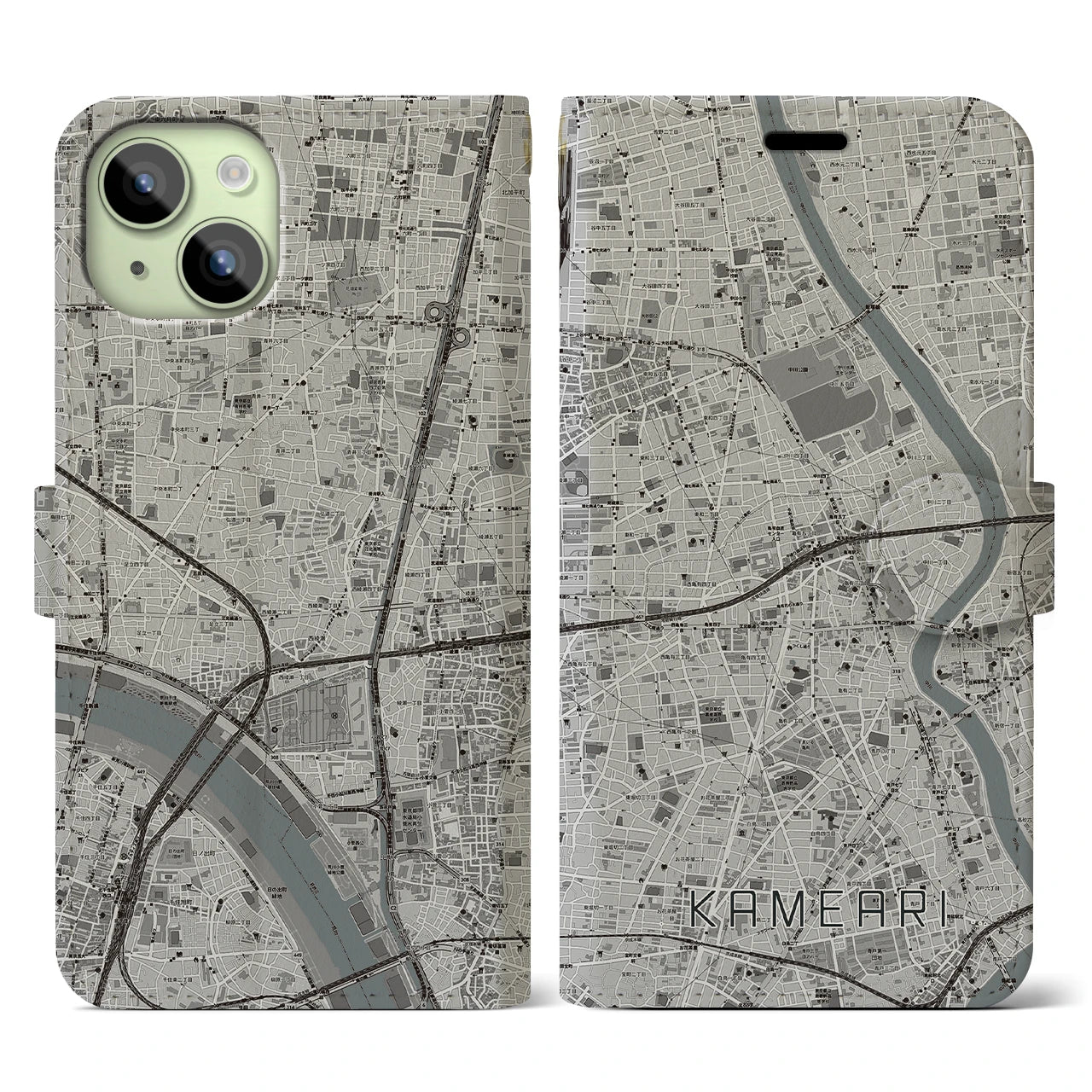 【亀有(東京都)】地図柄iPhoneケース(手帳タイプ)モノトーン・iPhone 15 用
