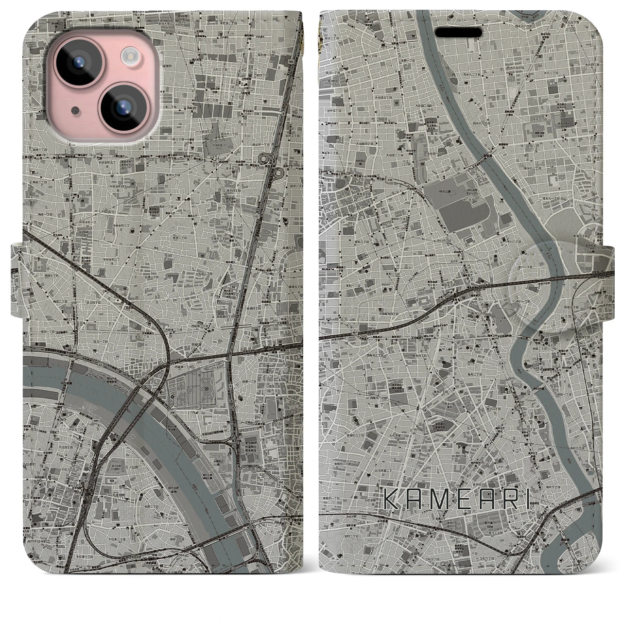 【亀有(東京都)】地図柄iPhoneケース(手帳タイプ)モノトーン・iPhone 15 Plus 用
