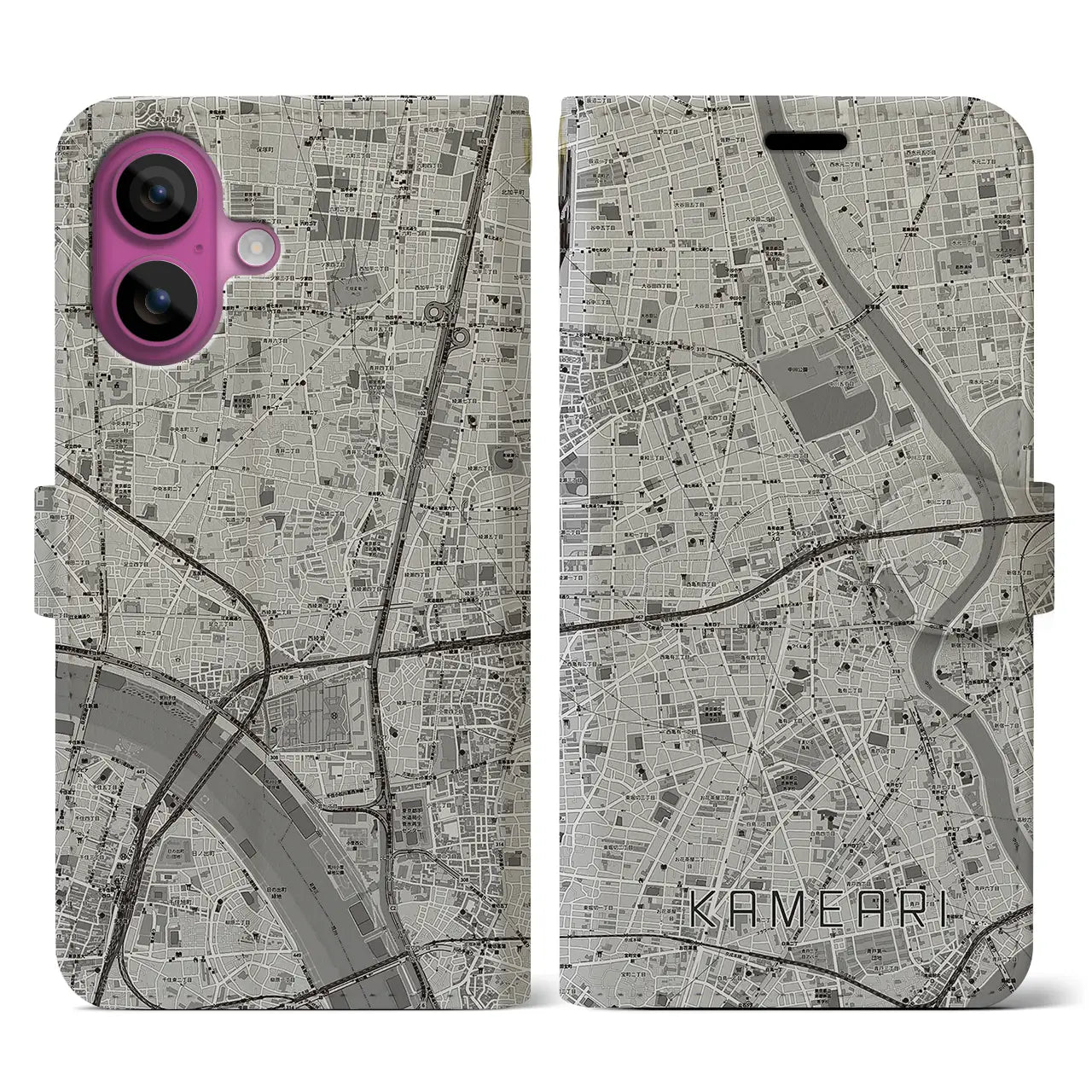 【亀有(東京都)】地図柄iPhoneケース(手帳タイプ)モノトーン・iPhone 16 Pro 用