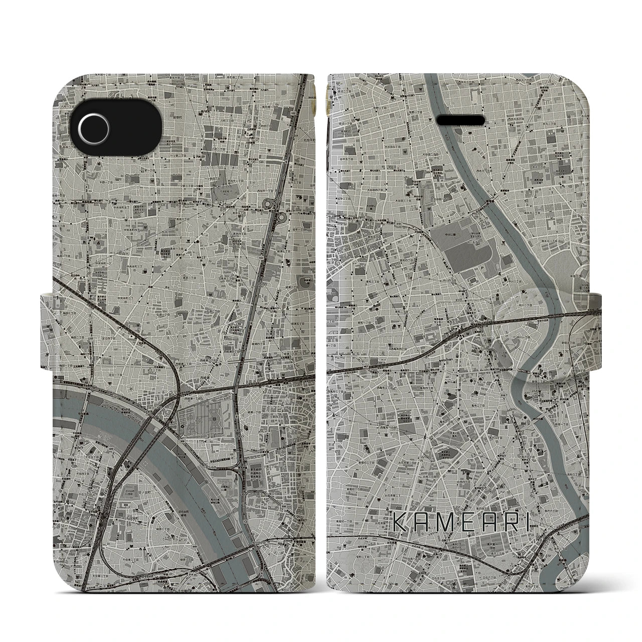 【亀有(東京都)】地図柄iPhoneケース(手帳タイプ)モノトーン・iPhone SE(第3 / 第2世代) / 8 / 7 / 6s / 6 用