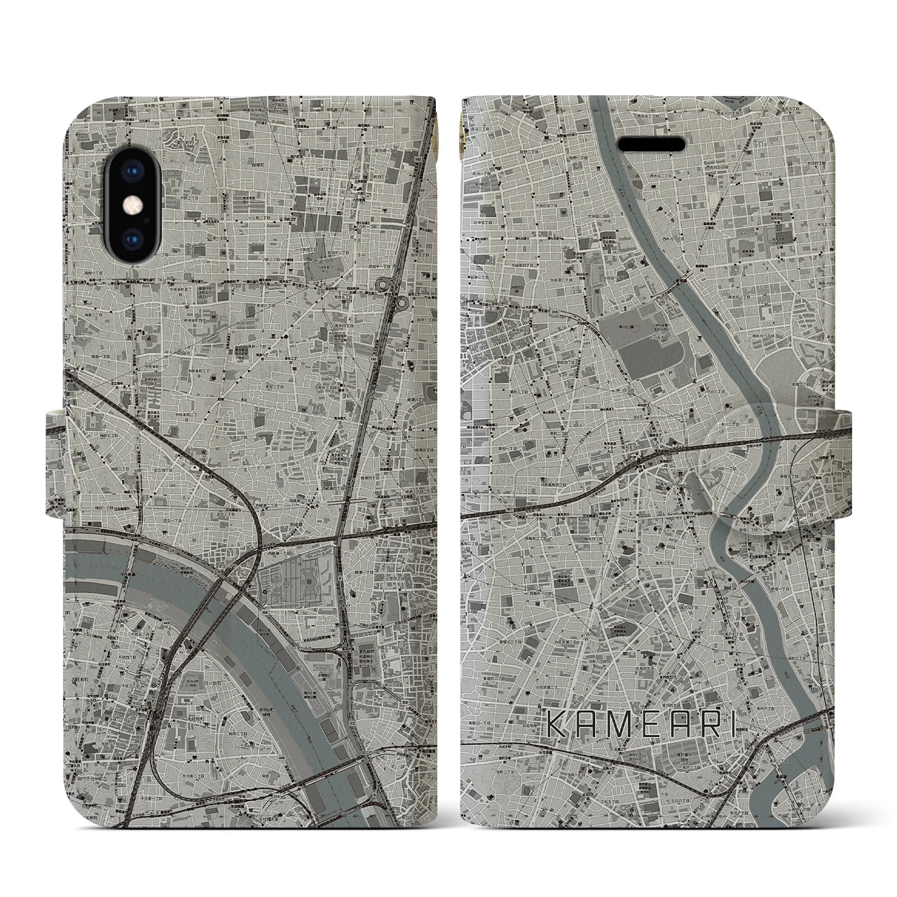 【亀有(東京都)】地図柄iPhoneケース(手帳タイプ)モノトーン・iPhone XS / X 用